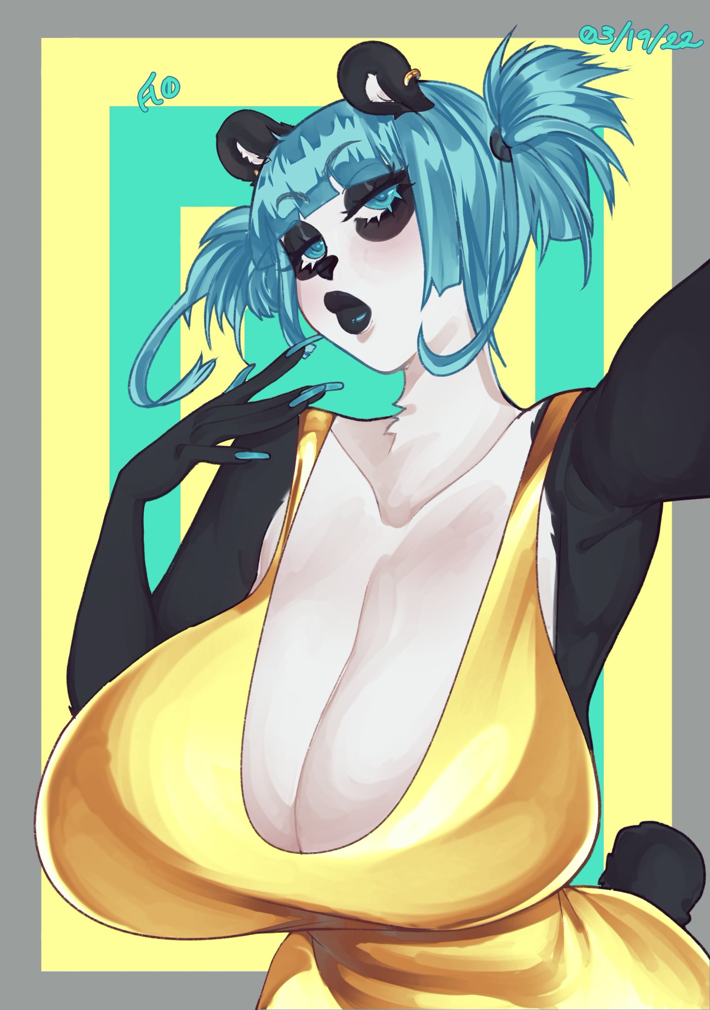 1girls, alternate version available, anthro, aqua eyes, aqua hair, bear, belinda (skecchiart), big breasts, big lips, breasts, cleavage, dress, female, female only, florescentcolo2, green fingernails, hi res, huge breasts, long fingernails, looking at viewer, medium hair, narrowed eyes, panda, panda ears, solo, solo female, thick lips, twintails, upper body, ursid