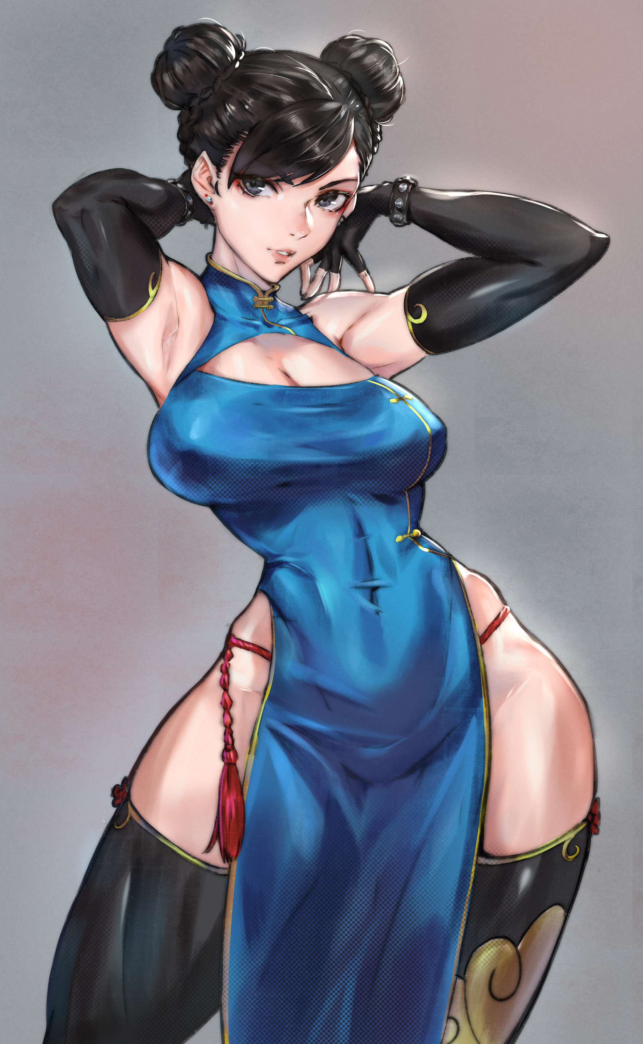 1girls, absurdres, armpits, arms up, bangs, black eyes, black hair, black legwear, blue dress, breasts, capcom, china dress, chinese clothes, chun-li, cleavage, cleavage cutout, clothing cutout, commentary, covered navel, double bun, dress, earrings, elbow gloves, female, female only, fingerless gloves, gloves, gold trim, grey background, highres, jewelry, juaagacgy, kyuuakaku, looking at viewer, makeup, medium breasts, muscular, muscular female, parted lips, qipao, shiny, shiny clothes, shiny hair, simple background, sleeveless, sleeveless dress, smile, solo, street fighter, street fighter ii, thighhighs, thighs, tied hair, turtleneck