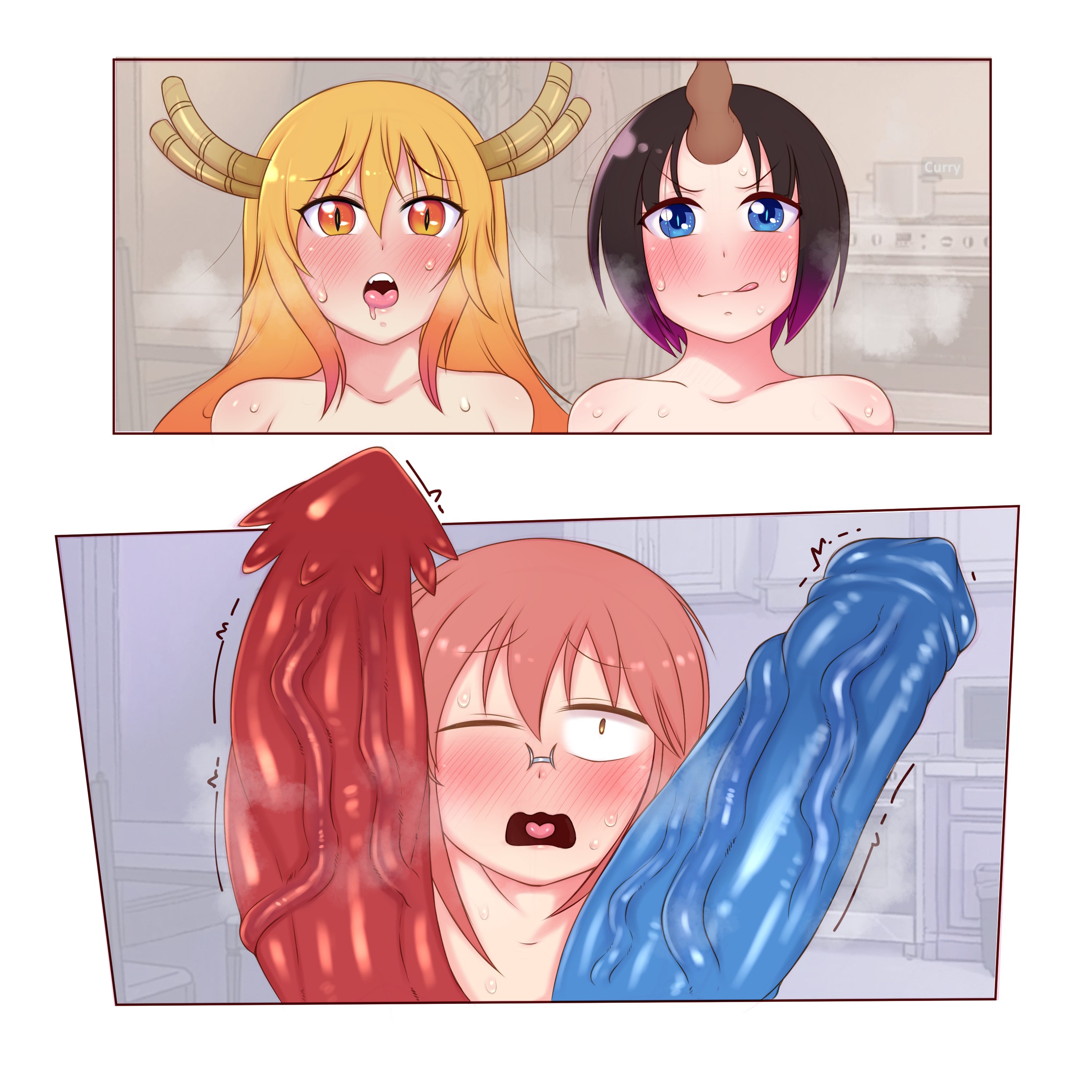 1girls, 2dickgirls, 2futas, animal genitalia, animal penis, apartment, barbed penis, black hair, blue penis, border, comic, dickgirl, dickgirl/female, dragon girl, dragon penis, drooling, elma (dragon maid), fangs, female, futa focus, futa with female, futanari, glasses, heavy blush, horn, horns, house, huge penis, imminent oral, intersex, kitchen, kneeling, kneeling oral position, kobayashi, kobayashi-san chi no maidragon, licking lips, long hair, miss kobayashi's dragon maid, monster cock, one eye closed, orange eyes, orange hair, penis, penis awe, purple hair, red hair, red penis, saltyxodium, sweat, sweatdrop, tohru (dragon maid), tongue