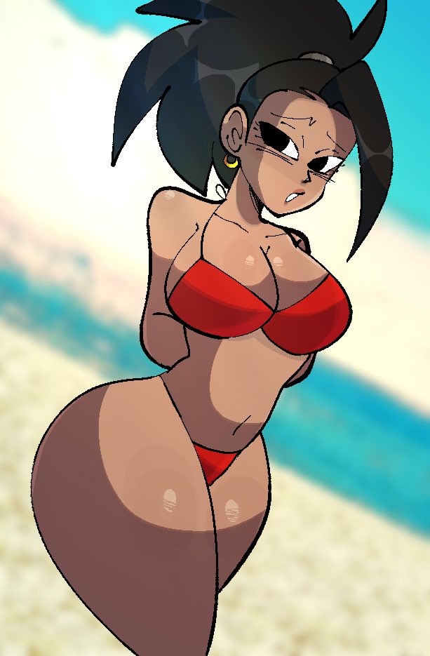 1girls, beach, big breasts, bikini, black hair, breasts, dragon ball, dragon ball super, earrings, female, female only, female saiyan, kale, saiyan, solo, spiky hair, tagme, thick thighs, universe 6, universe 6/universe 7