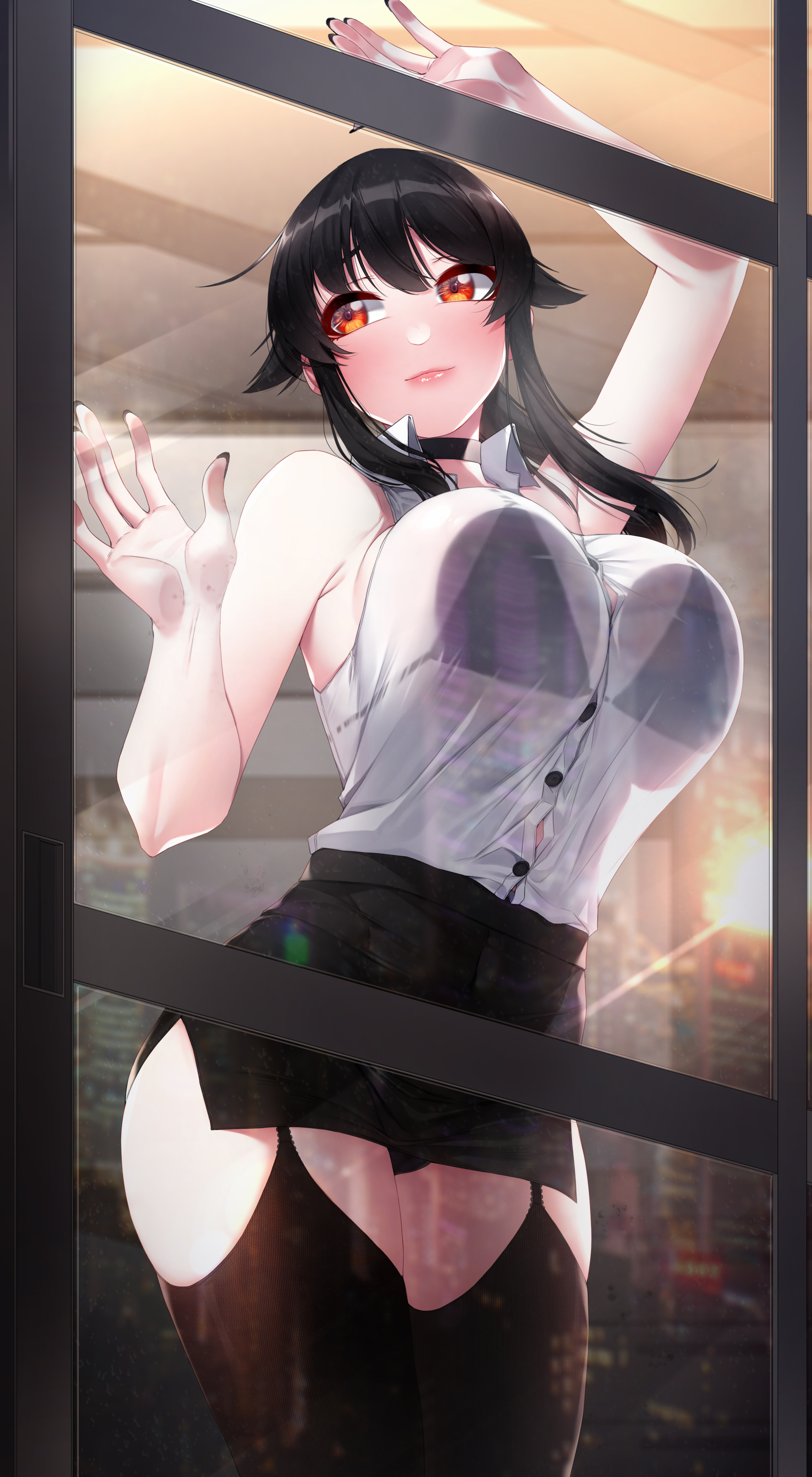 1girls, 2022, against glass, akchu, black hair, breasts, chobi (akchu), clothed, clothed female, female, hi res, hips, huge breasts, indoors, long hair, long ponytail, office lady, original, original character, ponytail, red eyes, sleeveless, slim waist, thick thighs, thighhighs, thighs, wide hips