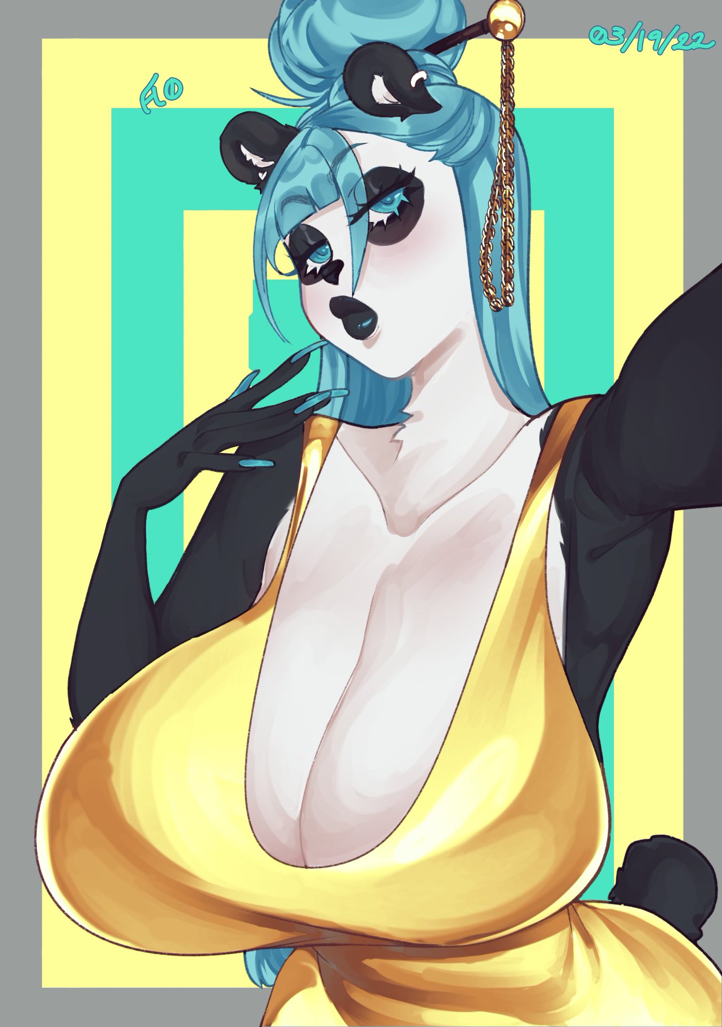 1girls, anthro, aqua eyes, aqua hair, bear, belinda (skecchiart), big breasts, big lips, breasts, cleavage, dress, female, female only, florescentcolo2, green fingernails, hair bun, hi res, huge breasts, long fingernails, long hair, looking at viewer, narrowed eyes, panda, panda ears, solo, solo female, thick lips, tied hair, upper body, ursid