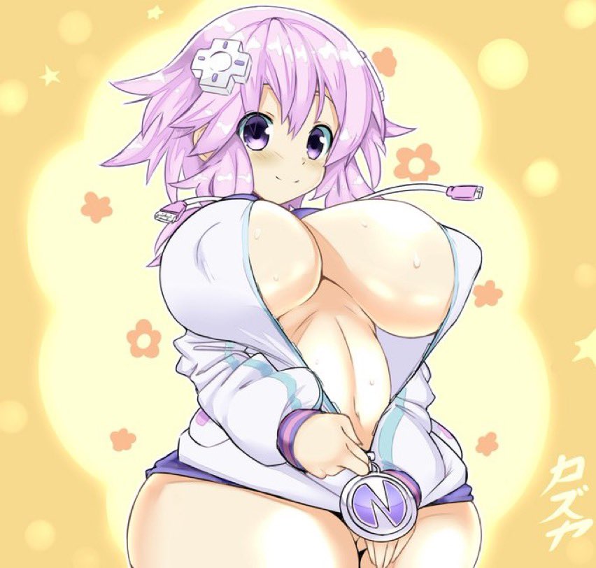 alternate_breast_size artist_request big_ass big_breasts blush clothing covering_breasts covering_crotch goddess hair_ornament happy huge_ass huge_breasts jacket kazuya_zoey looking_at_viewer neptune_(neptunia) neptunia_(series) purple_eyes purple_hair short_hair sweat zipper