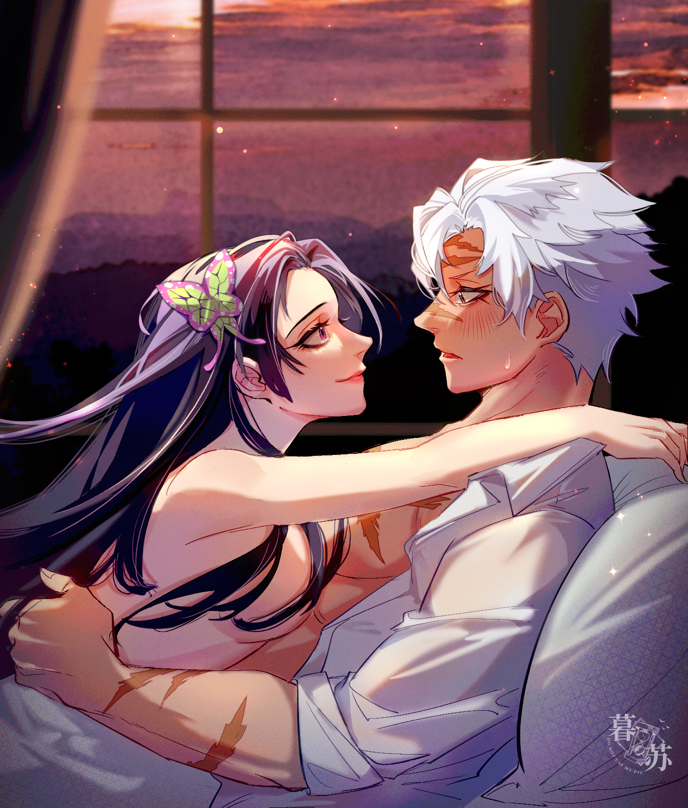1boy, 1girls, black hair, blush, breast press, breast press on chest, breasts, breasts pressed against partner, butterfly hair ornament, demon slayer, detailed background, face-to-face, facial scar, female, hair censor, in bed, kimetsu no yaiba, kochou kanae, long hair, looking at another, looking at partner, male, male/female, muscular, muscular male, nude, nude female, on back, on bed, on stomach, open shirt, profile, romantic, romantic ambiance, romantic couple, sanemi shinazugawa, scars, smile, straight, sweatdrop, white hair, wholesome, window