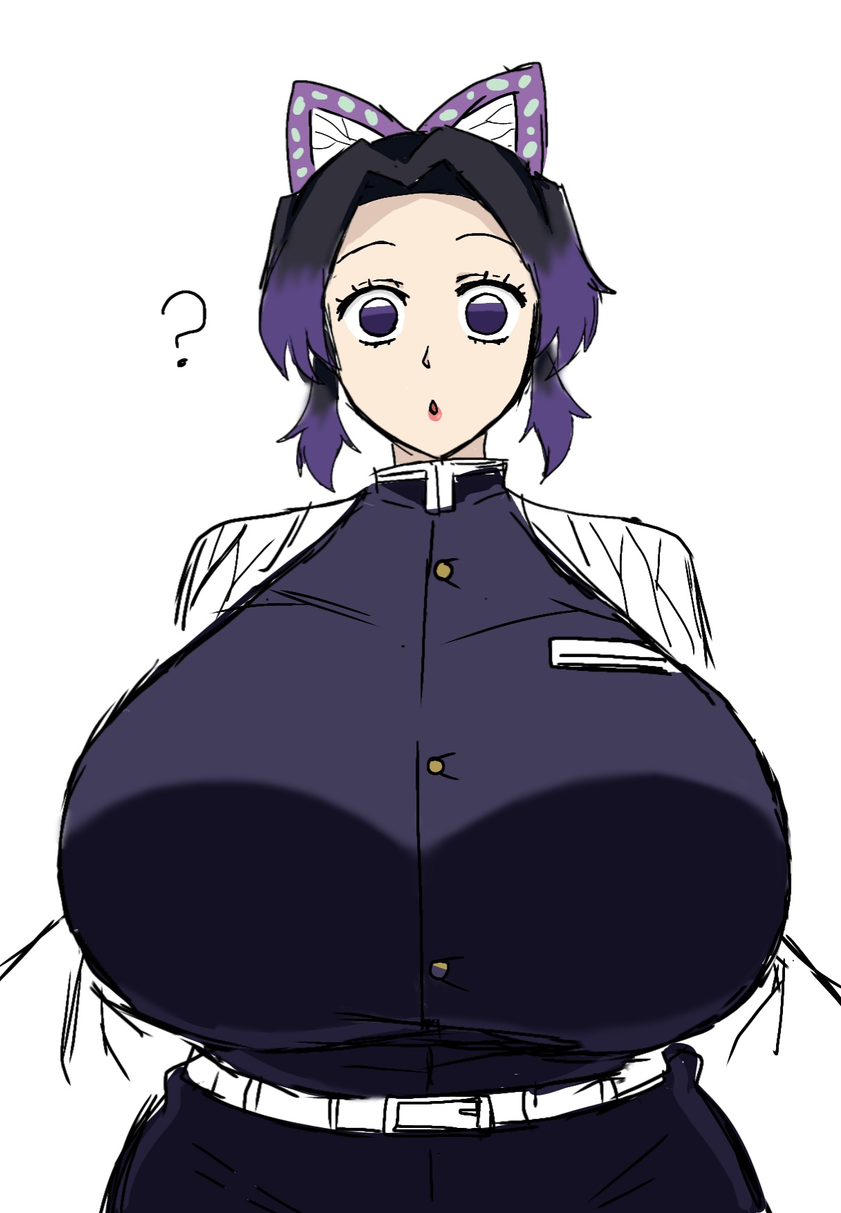 ?, alternate breast size, big breasts, black hair, breasts, butterfly hair ornament, clothed, confusion, demon slayer, enormous breasts, female, female only, fully clothed, huge breasts, kimetsu no yaiba, kochou shinobu, looking at viewer, massive breasts, momiji (artist), purple eyes, solo, surprised, two-tone hair, uniform, wide eyed