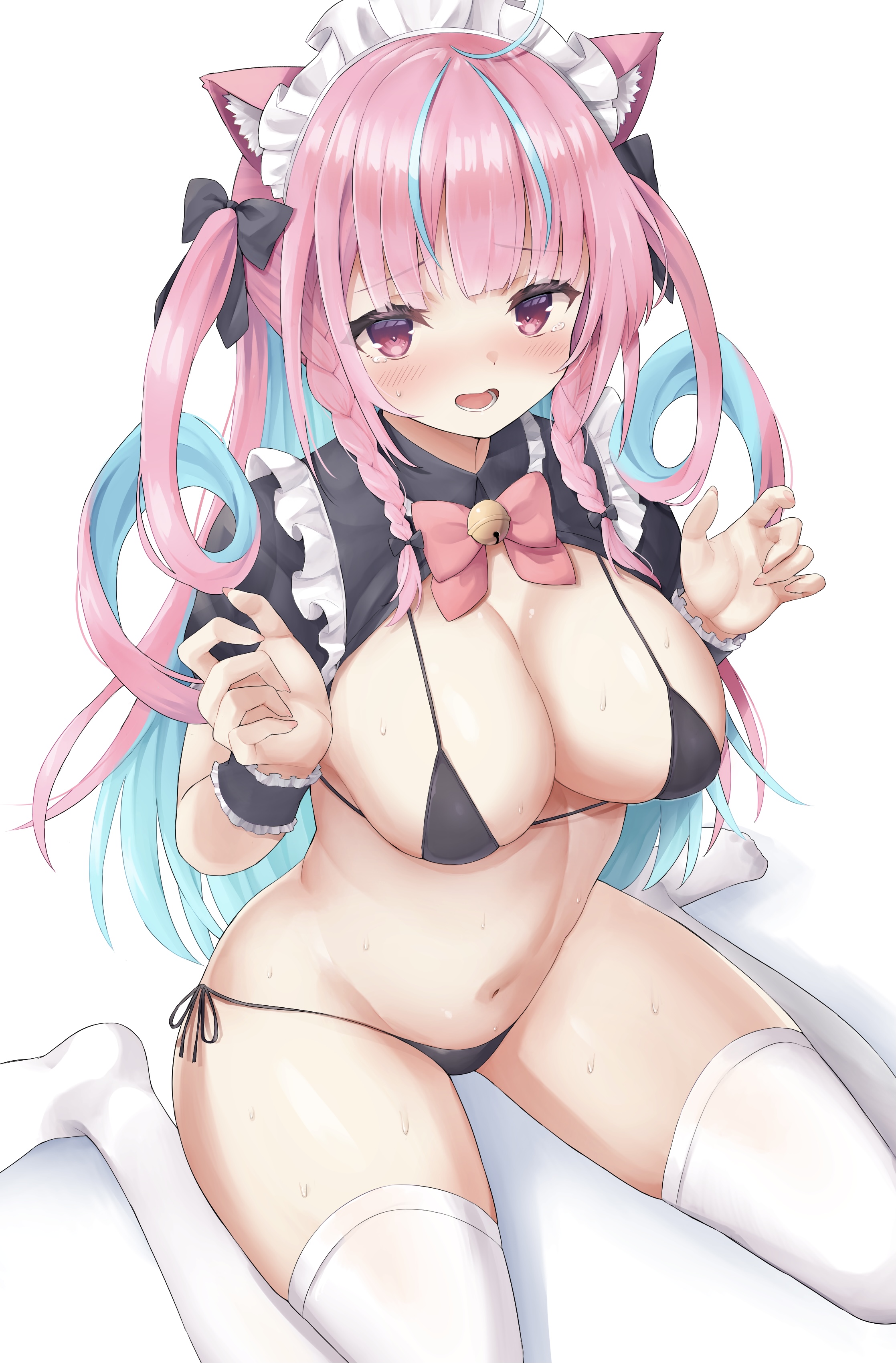 2021, absurdres, ahoge, alternate version available, animal ear fluff, animal ears, bangs, bell, bikini, bikini bottom, bikini top, black bikini, black bow, blush, bow, braid, breasts, cat ears, colored inner hair, drill hair, eyebrows visible through hair, female, hairbow, hands up, highres, hololive, hololive gen 2, hololive japan, jingle bell, large breasts, long hair, looking at viewer, maid headdress, minato aqua, multicolored hair, navel, nekohuman221 (tsun221), no shoes, open mouth, pink bow, pink hair, purple eyes, short sleeves, shrug (clothing), side-tie bikini, simple background, sitting, solo, stomach, string bikini, swimsuit, tearing up, thighhighs, twin braids, twin drills, two side up, very long hair, virtual youtuber, wariza, wrist cuffs