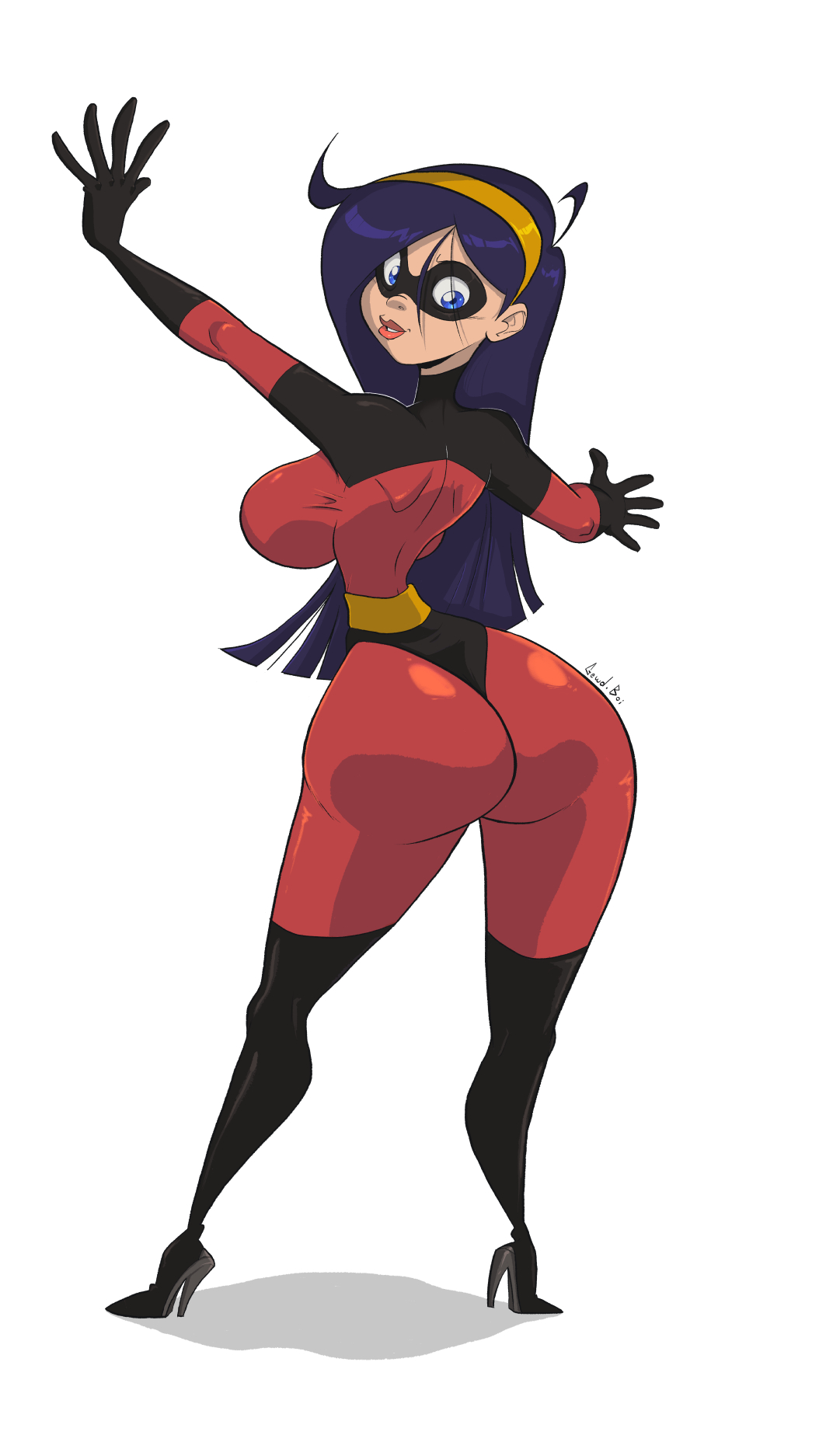 1girls, alternate breast size, ass, big ass, big breasts, black hair, bodysuit, breasts, costume, disney, female, female only, gewd-boi, large ass, long hair, pixar, solo, superheroine, the incredibles, violet eyes, violet parr, voluptuous, white background