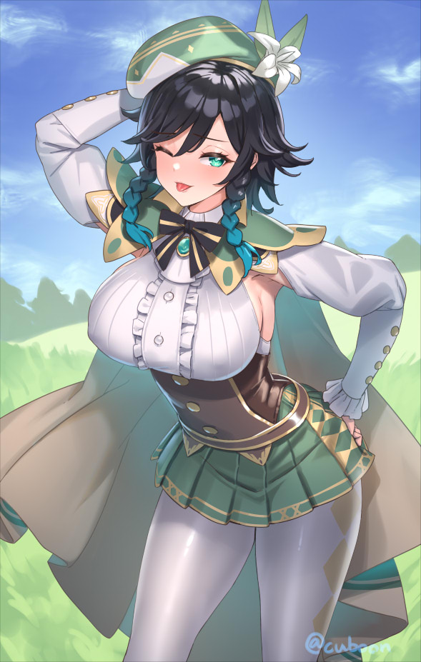 1girls, breasts, busty, cuboon, female, female venti, genderswap, genderswap (mtf), genshin impact, large breasts, pose, rule 63, sideboob, tongue, tongue out, venti (genshin impact), wink, winking at viewer
