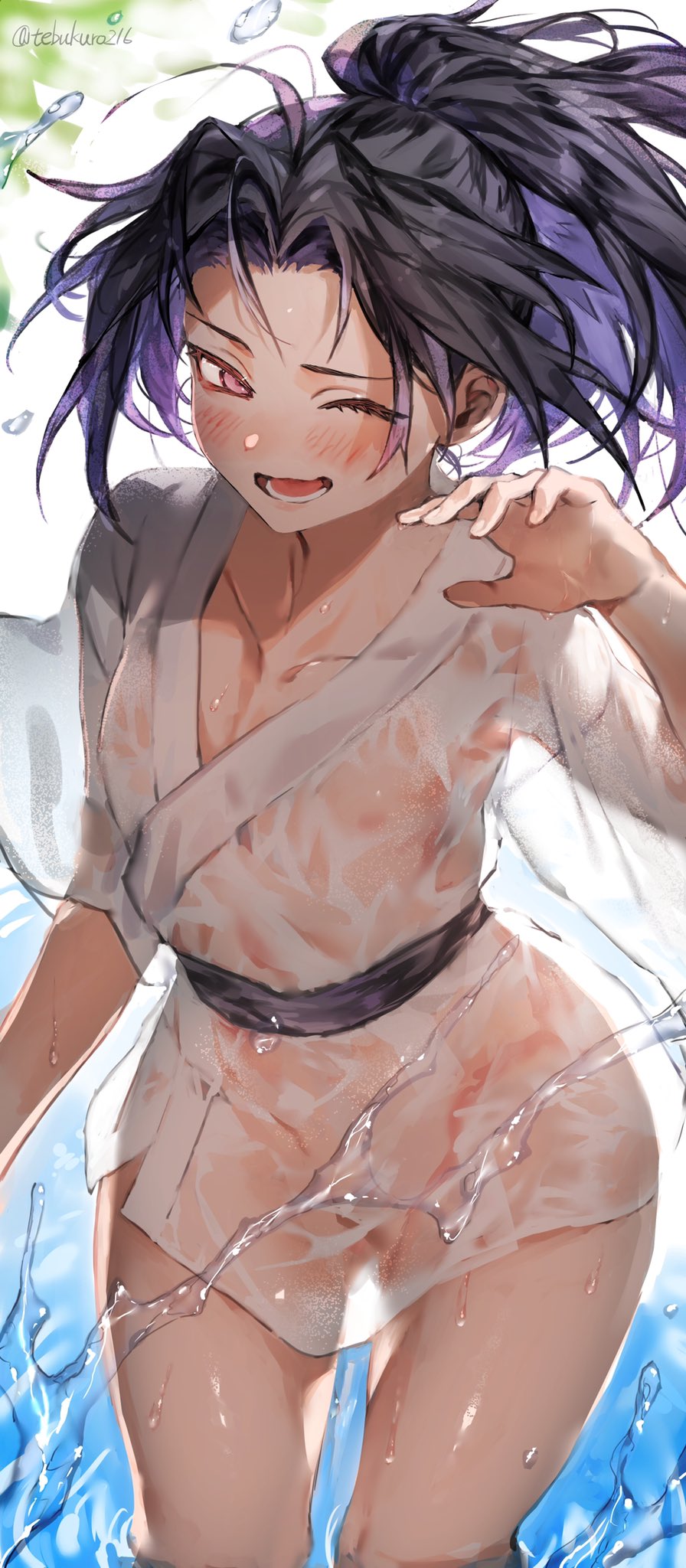 aged_down androgynous bishonen black_hair blush demon_slayer femboy japanese_clothes kimetsu_no_yaiba kimono male male_only michikatsu_tsugikuni one_eye_closed open_mouth partially_submerged ponytail see-through_clothing smile solo tebukuro216 twink water wet wet_clothes wet_skin wide_hips