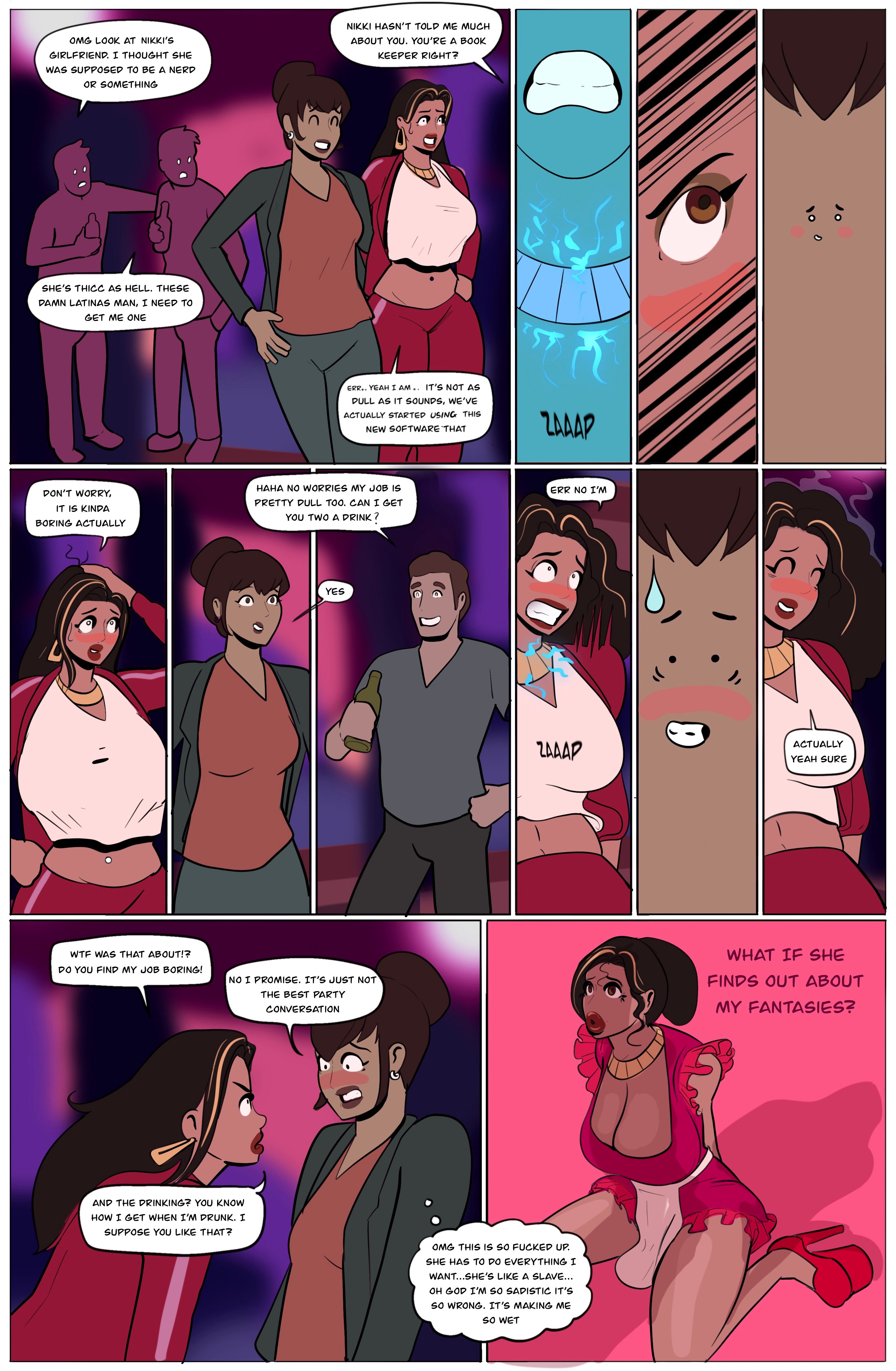 ass, big ass, big breasts, bimbo, bimbofication, breasts, comic, female, high heels, lipstick, manaomega, mascara, platform heels, shock collar, submissive female, yuri