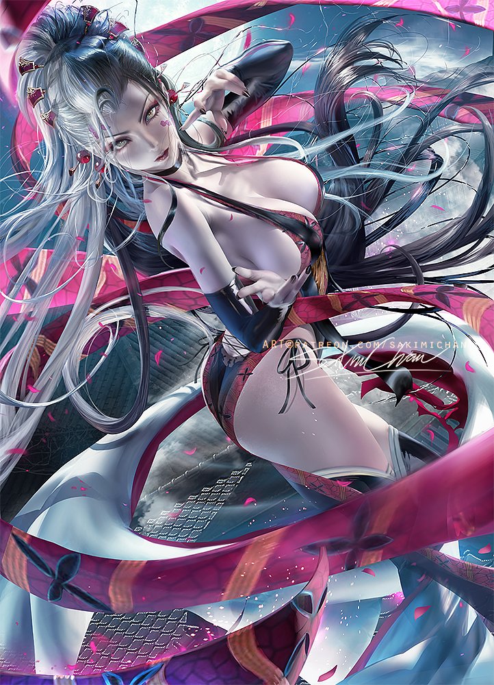 big breasts, black nails, breasts, daki (kimetsu no yaiba), demon slayer, dress, female, female focus, female only, grey eyes, kimetsu no yaiba, light skin, light-skinned female, looking at viewer, nail polish, pale skin, pale-skinned female, sakimichan, solo, thick thighs, white and black hair