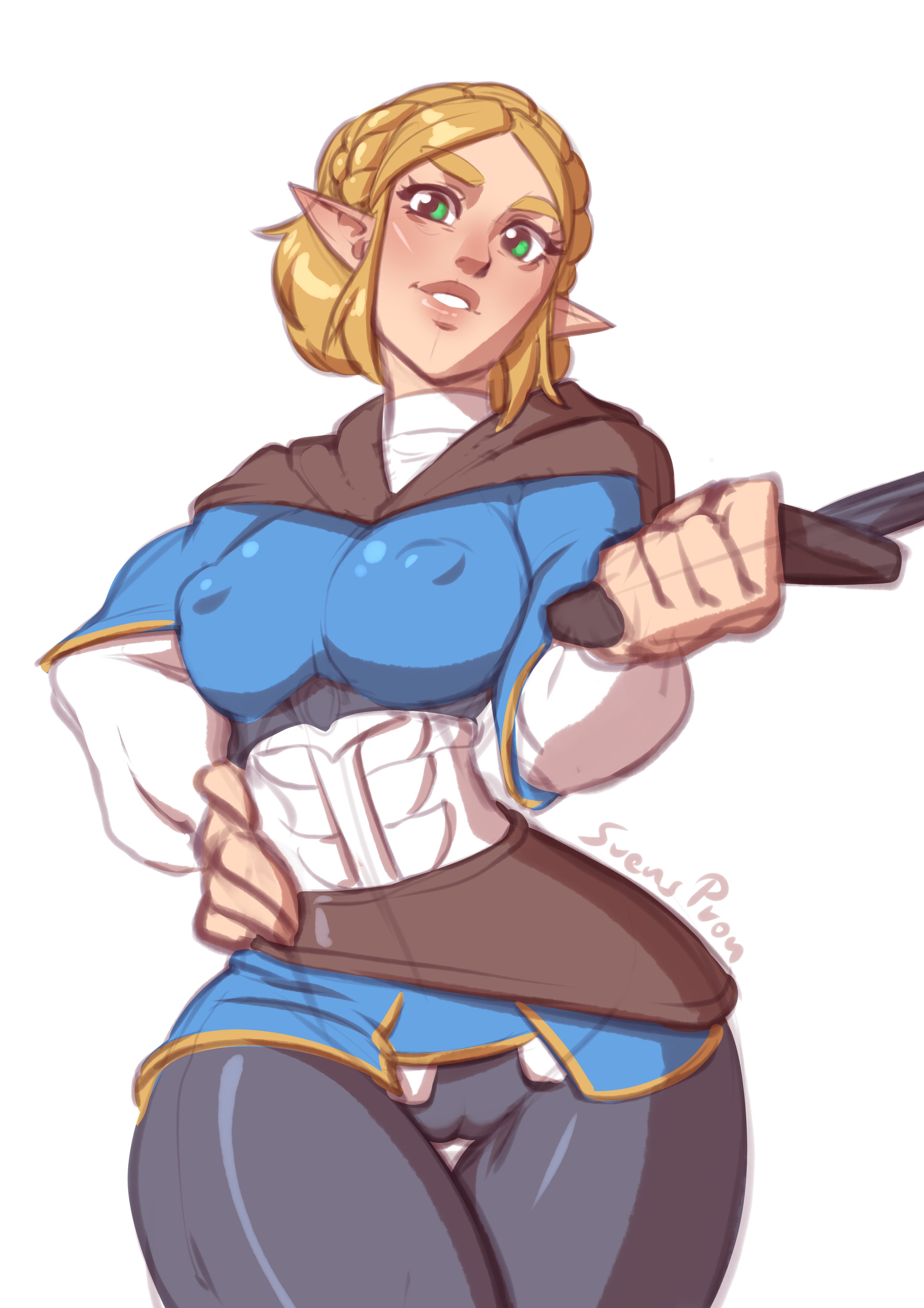 1girls, absurd res, blonde hair, cameltoe, clothed, confident, female, female only, green eyes, hi res, looking at viewer, nipple bulge, princess zelda, pussy, solo, svenners, sword, tears of the kingdom, the legend of zelda, thigh gap, thunder thighs, wide hips, zelda (tears of the kingdom)