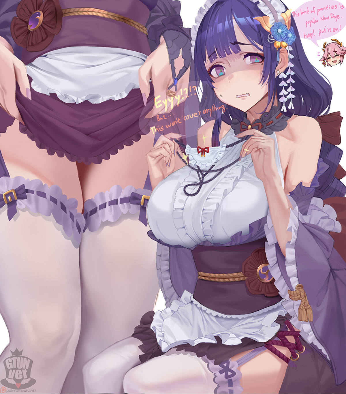 breasts, busty, dress, embarrassed, english text, female, g-string, garter straps, genshin impact, gtunver, hi res, large breasts, milf, panties, raiden shogun, speech bubble, sweatdrop, thick thighs, thighhighs, underwear, yae miko