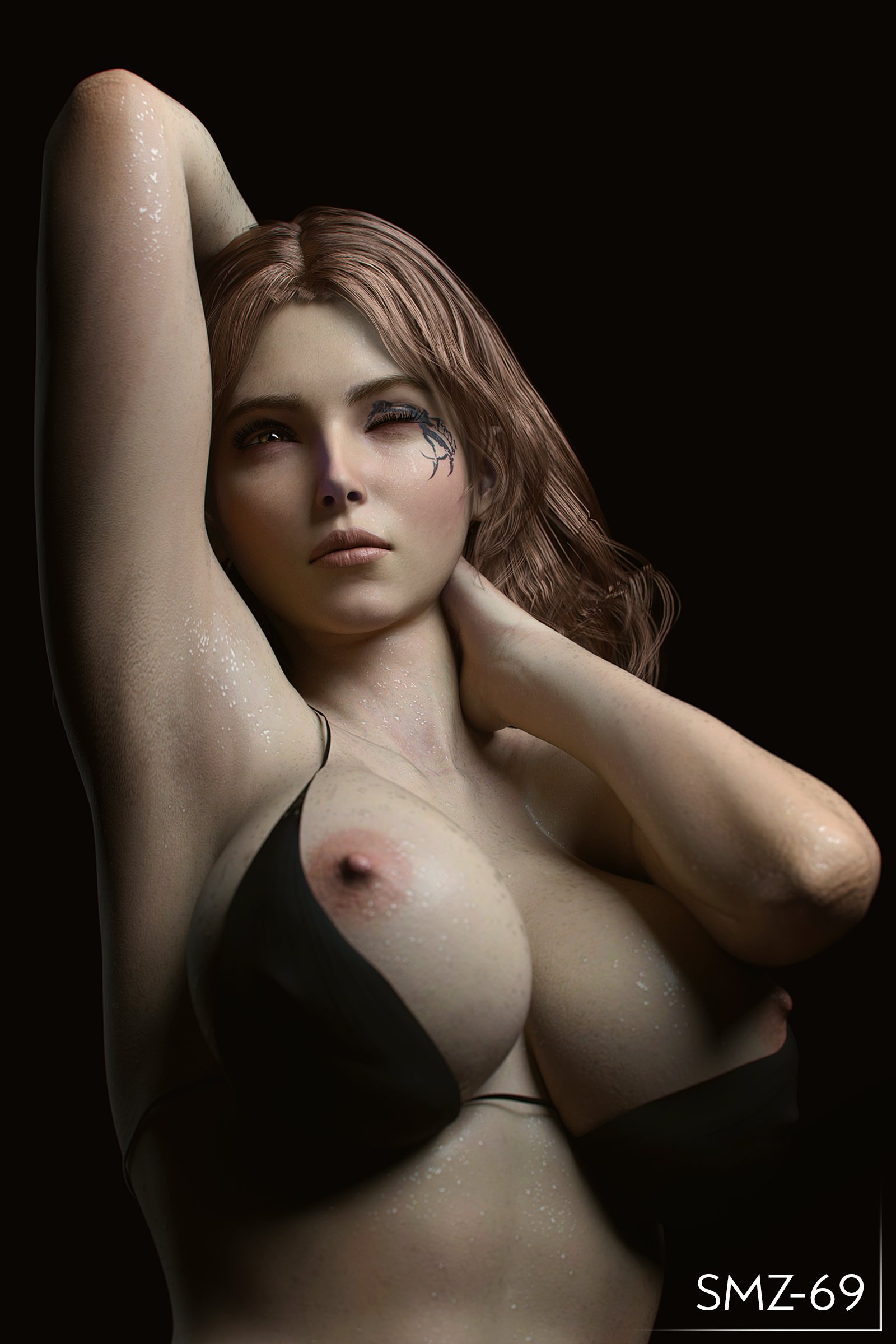 1girls, 3d, areolae, arm up, armpits, athletic, athletic female, big breasts, blush, bra, breasts, elden ring, exposed breasts, female, female focus, female only, human, large breasts, long hair, melina (elden ring), nipples, nude, one eye closed, pose, smz-69, solo