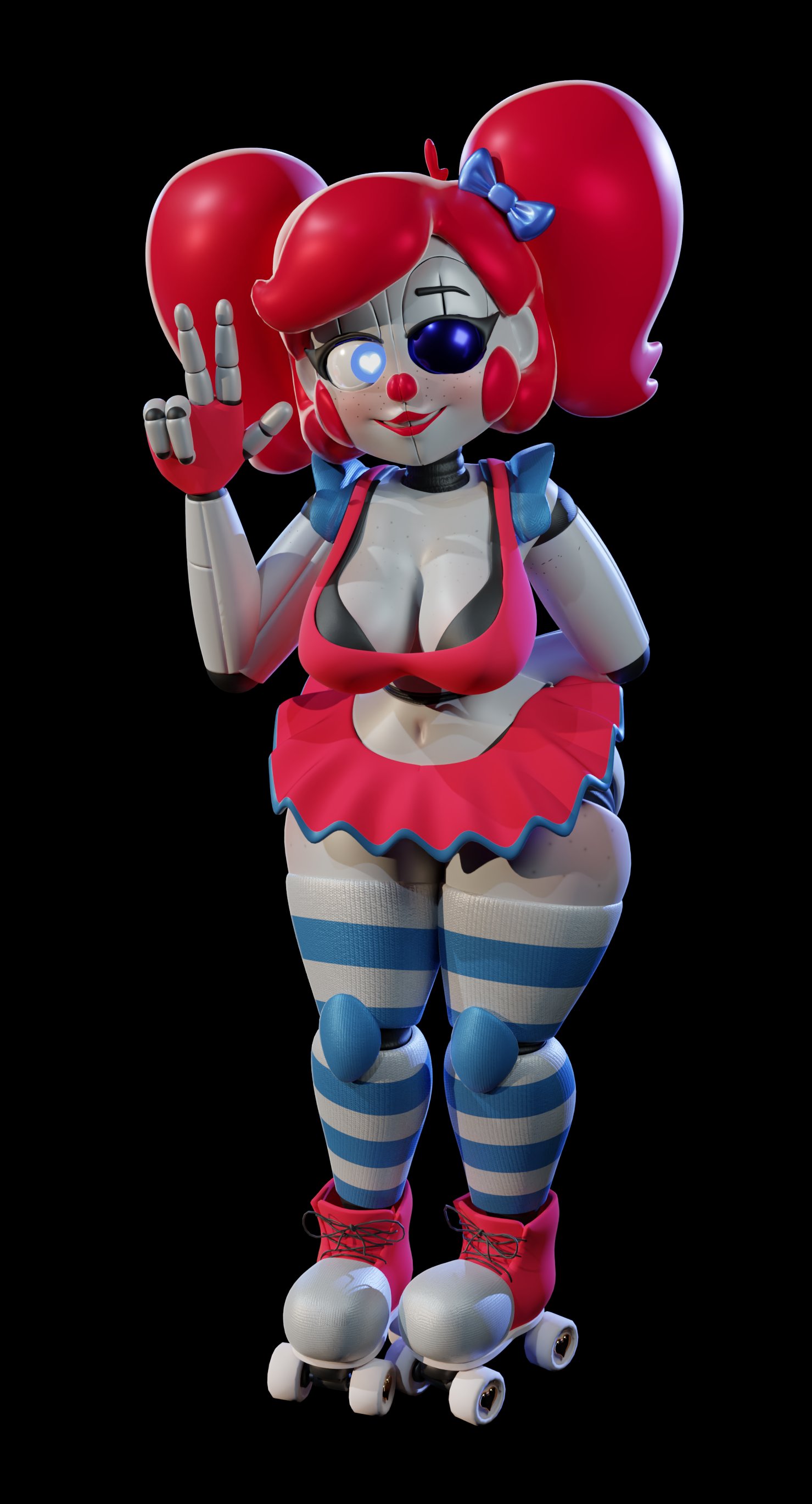 3d, baby (fnafsl), big breasts, black bra, blue bow, blue eyes, blue makeup, blue thighhighs, bow in hair, breasts, circus baby, circus baby (fnaf), cleavage, clown, clown girl, clown makeup, female, fingerless gloves, five nights at freddy's, five nights at freddy's: sister location, heart-shaped pupils, kilton (artist), red hair, red lipstick, roller skates, sister location, skirt, so87baby, solo, summer of 87 baby, thighhighs, white pupils