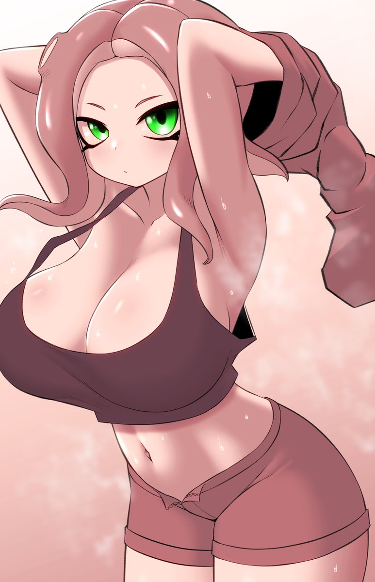 big breasts, breasts, female, green eyes, midriff, nobunagapero, octoling, octoling girl, peronattu, splatoon, sports bra, thick thighs, thighs, tomboy, undressing
