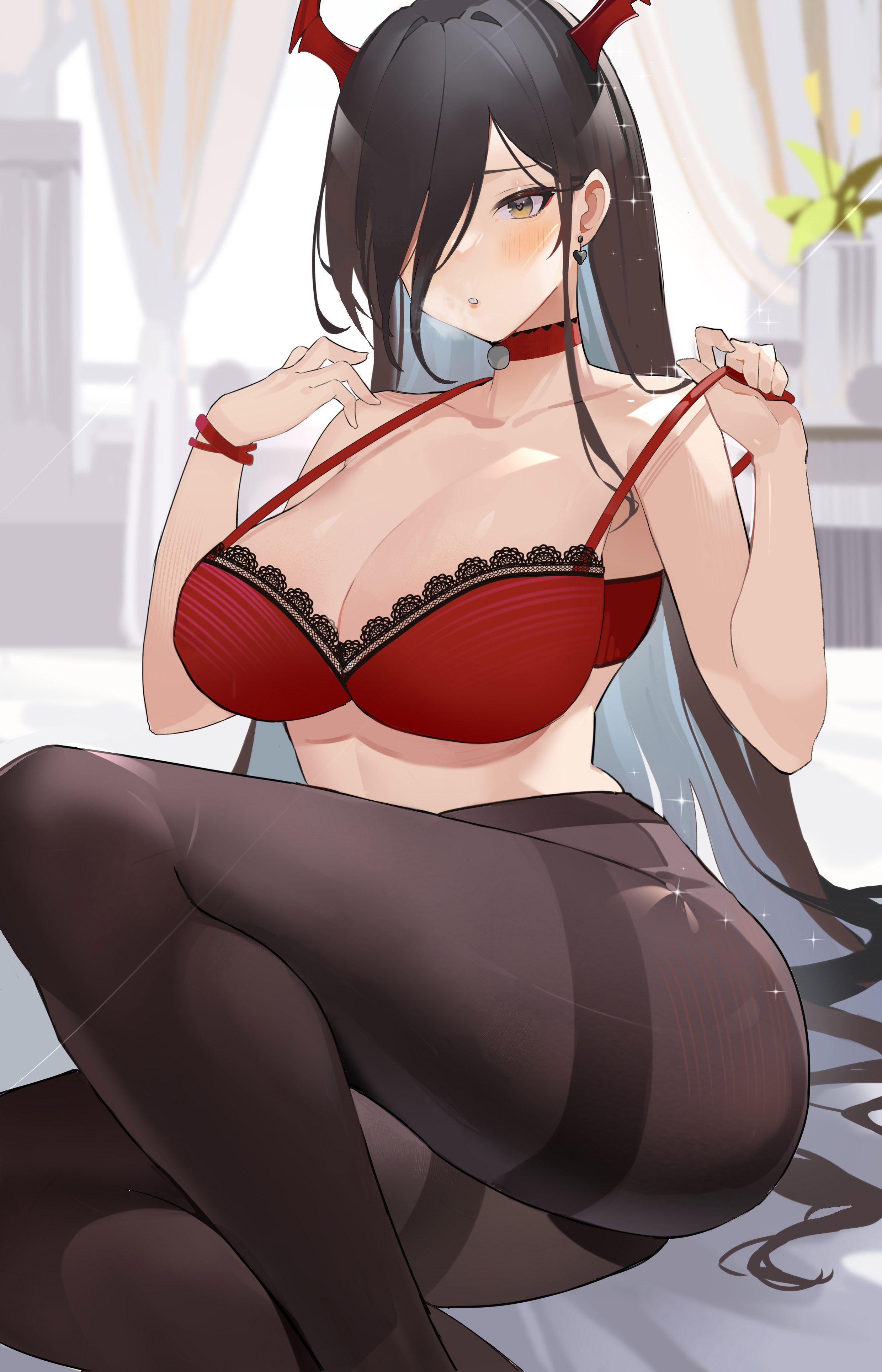 1girls, 2022, absurdres, alternate costume, azur lane, black eyes, black hair, black legwear, blush, bra, breasts, breath, choker, curtains, earrings, feet out of frame, female, female focus, female only, friedrich der grosse (azur lane), gradient eyes, hair over one eye, heart, heart earrings, heart-shaped pupils, highres, horns, jewelry, lace trim, lace-trimmed bra, large breasts, long hair, multicolored eyes, no pants, pantyhose, parted lips, red bra, red choker, red horns, sitting, solo, solo female, strap gap, symbol-shaped pupils, thighband pantyhose, underwear, underwear only, very long hair, wristband, yellow eyes, yoyo (550098)