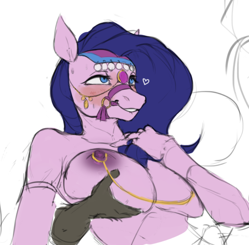 ambiguous_gender amira_(mlp) anthro big_breasts bit_gag bite biting_lip blush bodily_fluids breast_grab breasts bridle duo equid equine faceless_character female female/ambiguous friendship_is_magic from_behind_position gag grope hand_on_breast hasbro heart jewelry lidded_eyes looking_pleasured mammal my_little_pony nipple_chain nipple_piercing nipples nude piercing saddle_arabian_(mlp) sex simple_background sketch smile sweat third-degree_apathy unfinished white_background