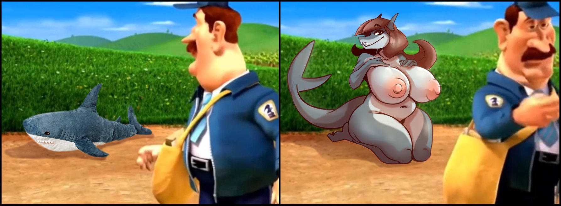 back at the barnyard, barnyard (film), big breasts, blahaj, breasts, female, fish, karakylia, mailman, meme, nickelodeon, nipples, shark, tagme