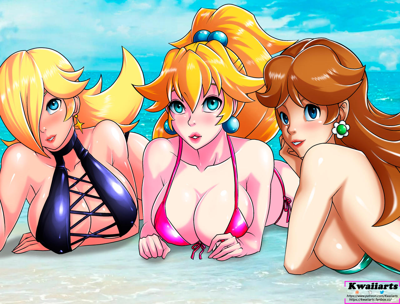 2021, 3girls, armpits, beach, big breasts, bikini, bikini bottom, bikini top, blonde hair, blue eyes, blue sky, breasts, brown hair, cleavage, cloud, clouds, earrings, female, female only, huge breasts, kwaiiarts, long hair, looking at another, looking at viewer, looking pleasured, mario (series), multiple females, multiple girls, nintendo, nipples, nipples visible through clothing, outdoors, pony tail, ponytail, princess daisy, princess peach, princess rosalina, shiny ass, shiny breasts, shiny butt, shiny hair, shiny skin, sideboob, sky, smile, smiling, smiling at viewer, swimsuit, tied hair, water, yellow hair