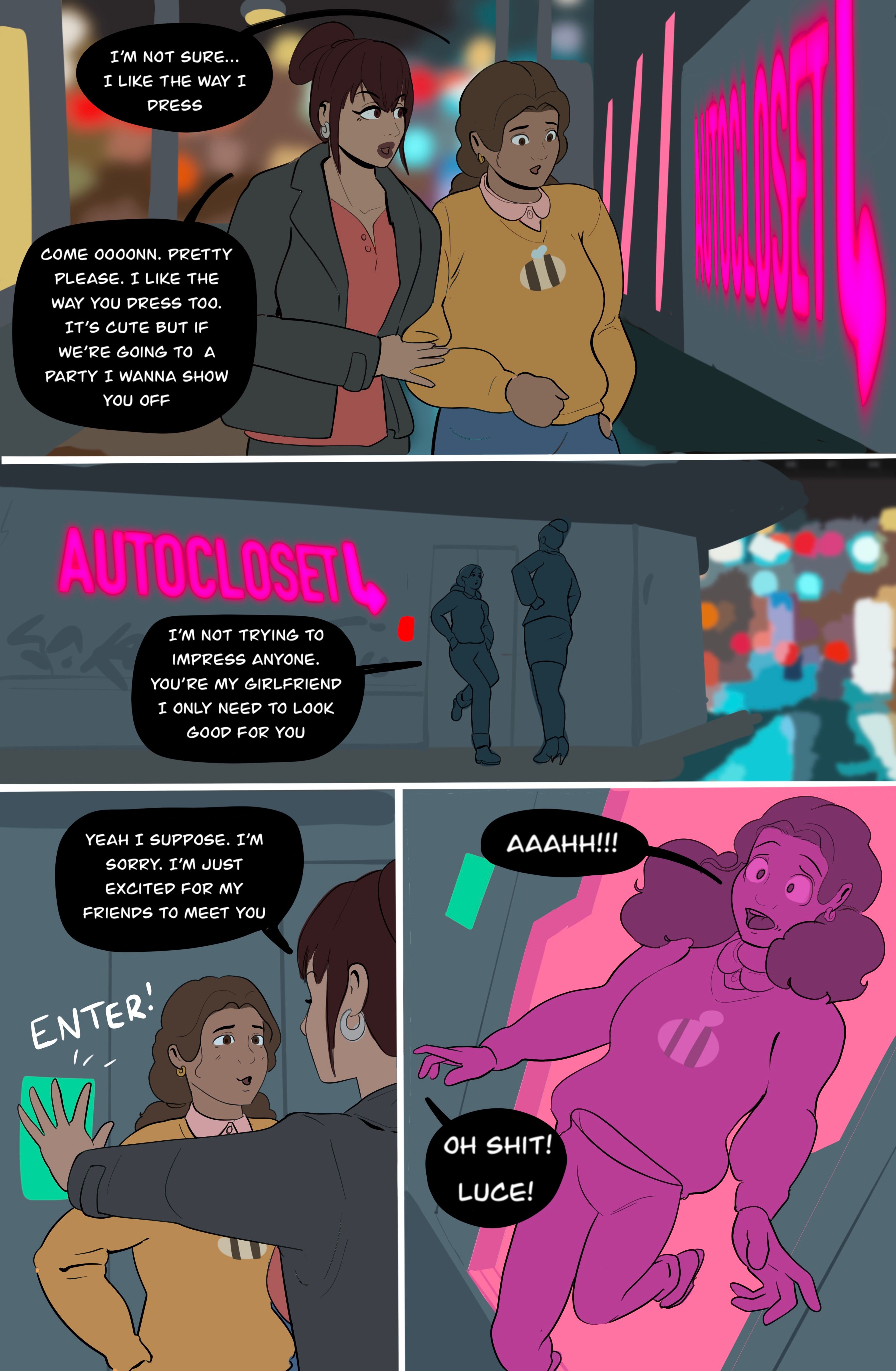 bimbo, bimbofication, comic, female, high heels, manaomega, submissive female, yuri