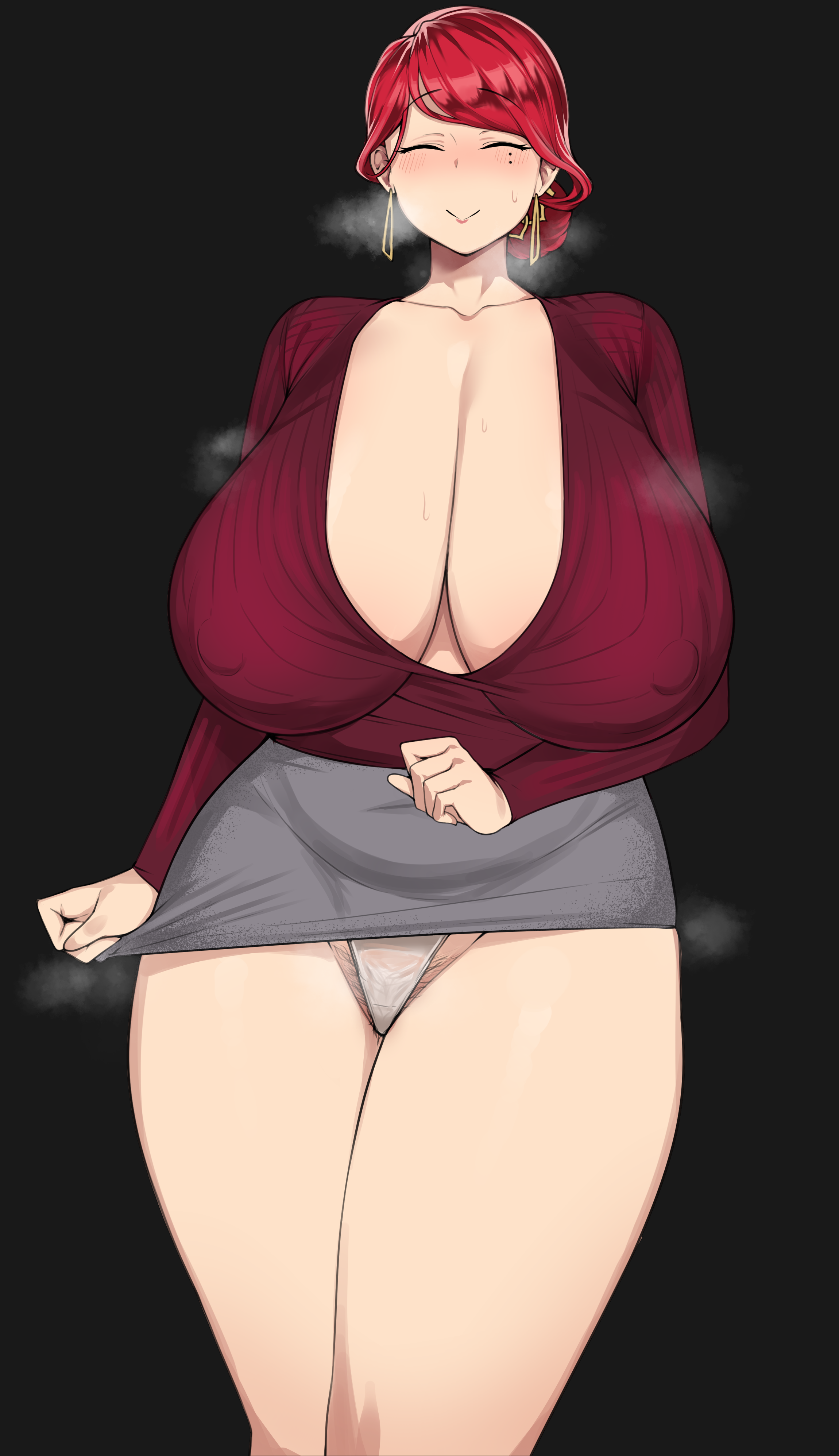 1girls, absurd res, alternate version available, big breasts, black background, blush, breasts, c-77 hongryeon, cham22, cleavage, closed eyes, earrings, female, high resolution, huge breasts, last origin, massive breasts, mature female, nipple bulge, panties, red hair, skirt, standing, thick thighs, venus body, voluptuous, wide hips