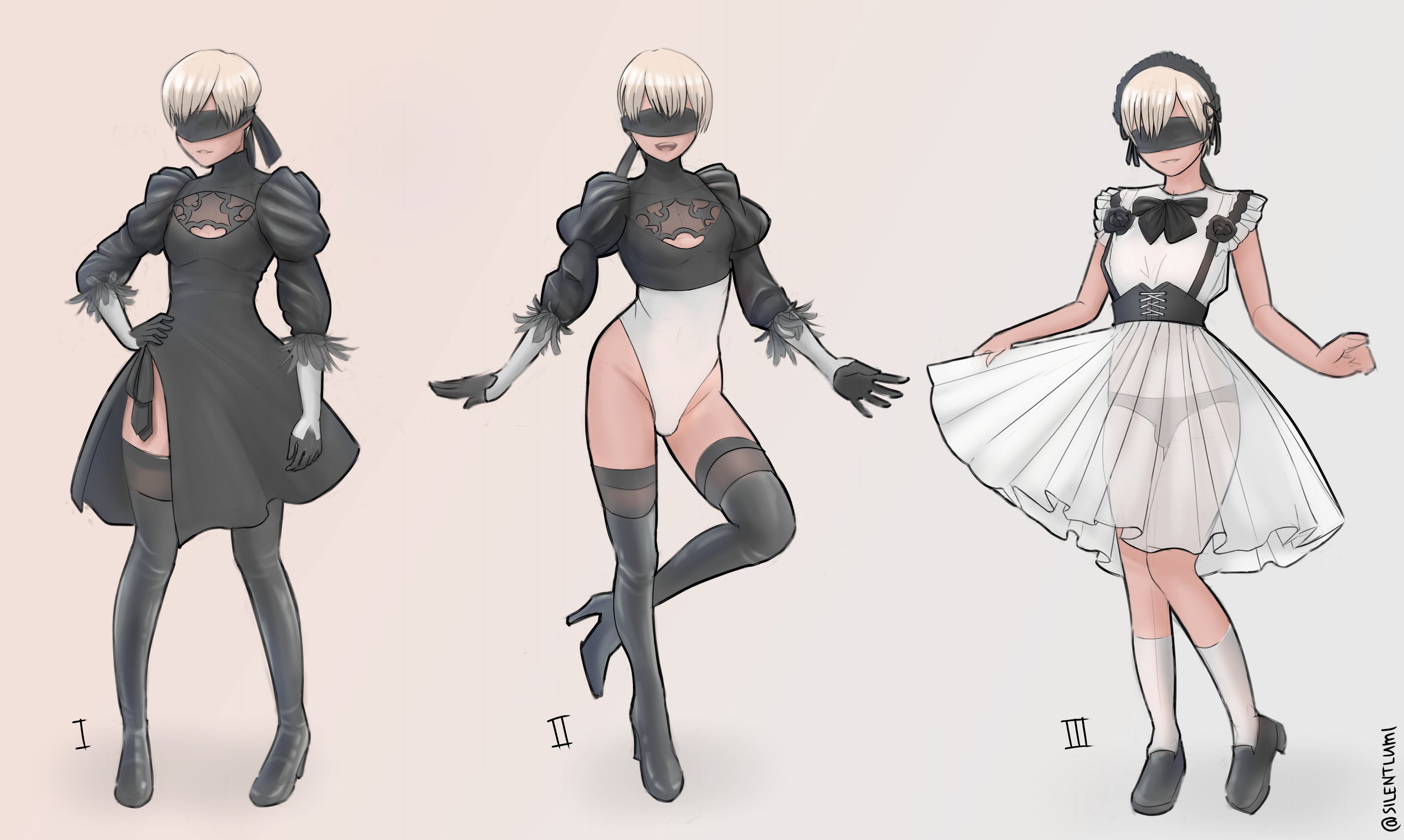 1boy, blindfold, bulge, crossdressing, crossplay, femboy, girly, high heel boots, high heels, highleg leotard, leotard, light skin, light-skinned male, maid uniform, male, male only, multiple outfits, nier, nier (series), nier: automata, silentlumi, solo, stockings, thigh boots, transparent clothing, trap, white hair, yorha 2b (cosplay), yorha 9s