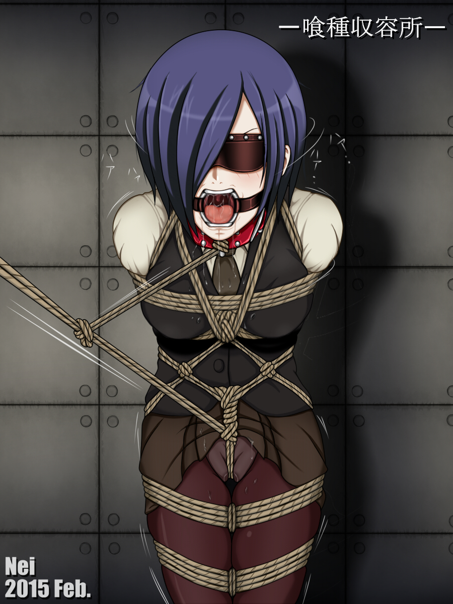 1girls, angry, arms behind back, blindfold, bondage, bondage harness, bound, bound arms, bound breasts, bound legs, breasts, captive, collar, crotch rope, female, female only, gag, gagged, hair over one eye, kidnapped, kirishima touka, medium breasts, nbnl-nei, pantyhose, purple hair, pussy, restrained, ring gag, rope, rope bondage, shibari, shibari over clothes, slave, solo, sweating, thighs, tied up, tokyo ghoul, tongue, uniform