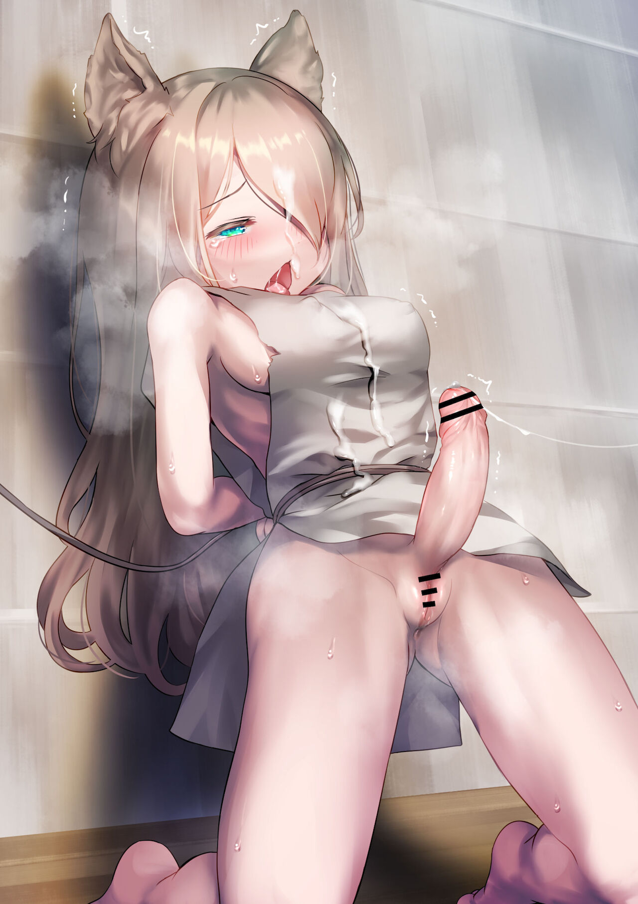 1futa, after orgasm, ahe gao, animal ears, arms behind back, ayanakitori, bar censor, blonde hair, blush, bondage, bottomless, breasts, cat ears, censored, clothed, clothing, cum, cum on clothes, cum on face, cum on hair, erection, female, futa on female, futa only, futa sans balls, futanari, handjob, humanoid, humanoid penis, intersex, kemonomimi, kneeling, light skin, light-skinned futa, long hair, medium breasts, partially clothed, penis, pussy, slave, solo
