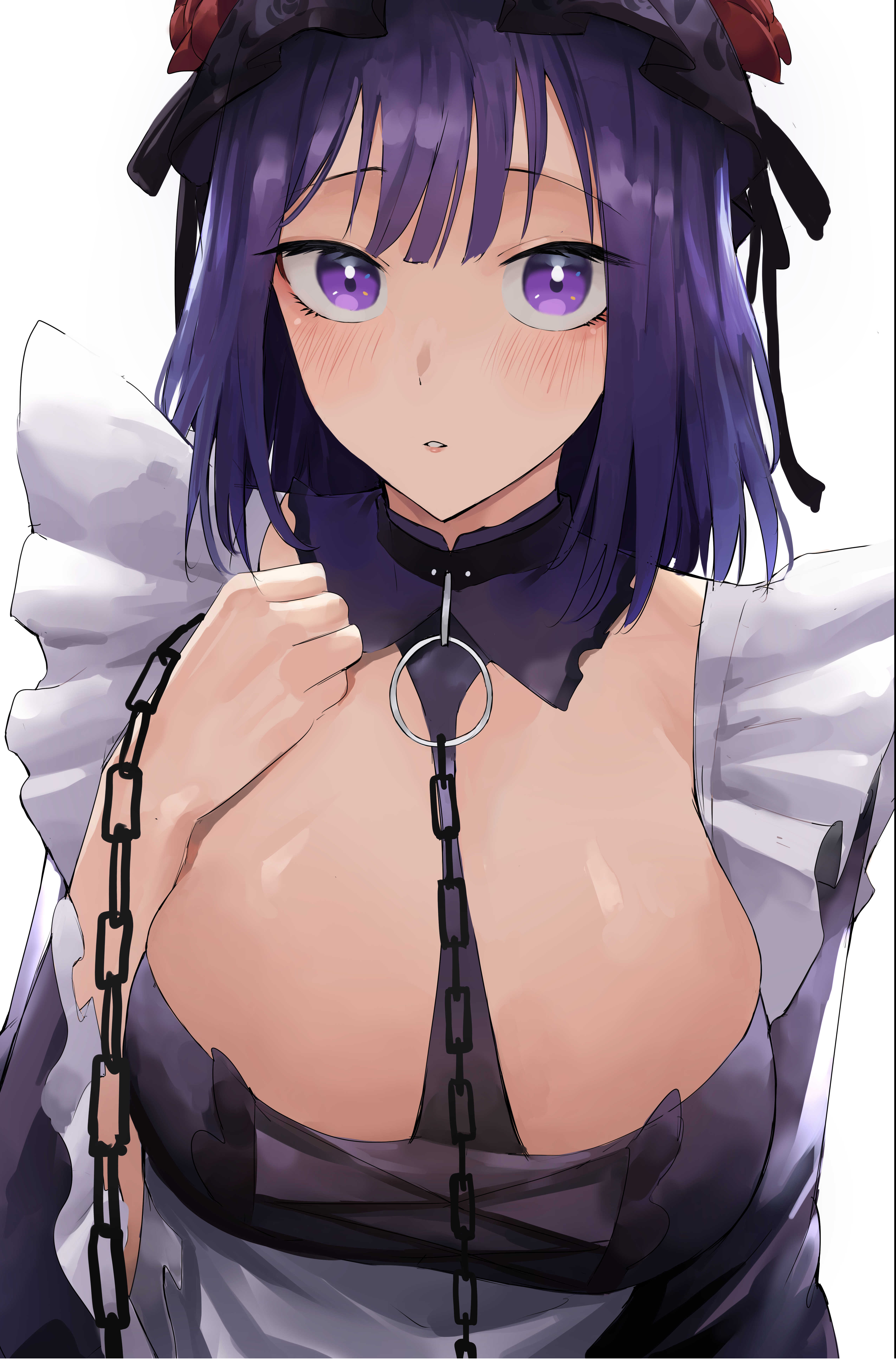 1girls, absurd res, bangs, big breasts, black dress, blush, breasts, chains, cleavage, collar, cosplay, detached collar, dress, female, gothic lolita, hi res, kitagawa marin, kuroe shizuku (cosplay), large breasts, lolita fashion, long sleeves, looking at viewer, open mouth, parted lips, purple eyes, purple hair, rororo, short hair, solo, sono bisque doll wa koi wo suru