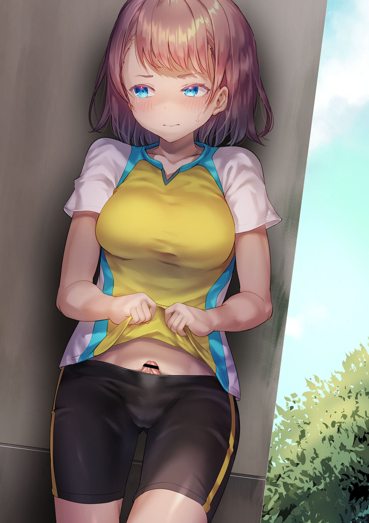 1futa, ayanakitori, bar censor, bike shorts, blush, breasts, brown hair, cameltoe, censored, clothed, clothing, dickgirl, embarrassed nude futa, erection, futa only, futa sans balls, futanari, human, intersex, light skin, light-skinned futa, mostly clothed, outdoors, penis, penis out, penis slip, presenting, pussy, short hair, skirt, skirt lift, solo, sportswear, standing, workout clothes