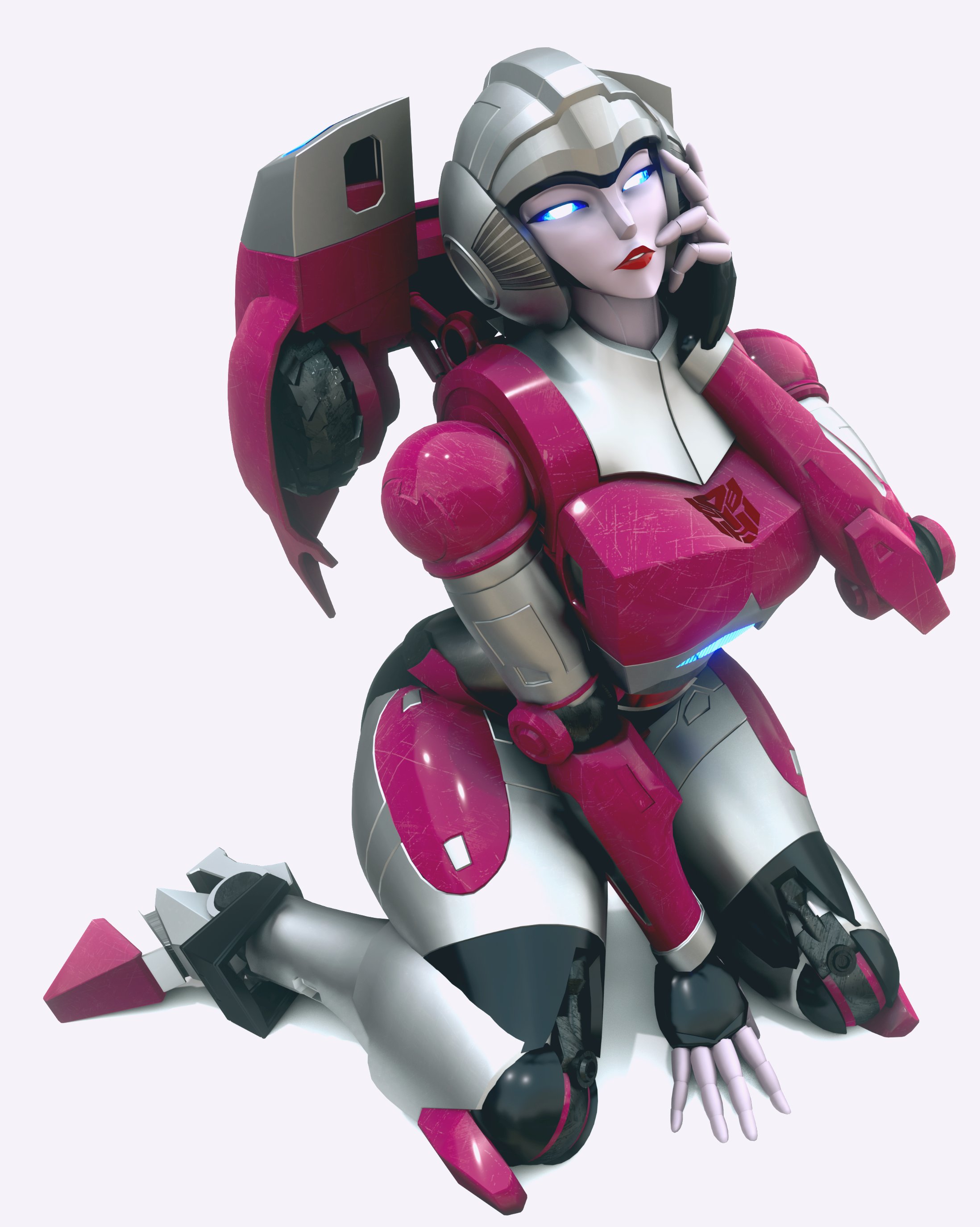 1girls, 3d, alien, alien girl, arcee, arcee (g1), arcee (g1) (trawert), big breasts, blue eyes, breasts, female, female only, pinup, red lips, red lipstick, robot, robot girl, robot humanoid, solo, solo female, thick thighs, transformers, transformers g1, trawert, white background