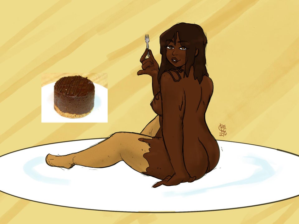 back_facing_viewer back_facing_you brown_body brown_hair brown_skin cake chocolate chocolate_cake chocolate_on_body cuknite32 food food_humanoid fork humanized humanoid icing looking_at_viewer looking_back plate scp scp-871 scp_foundation signature stockings