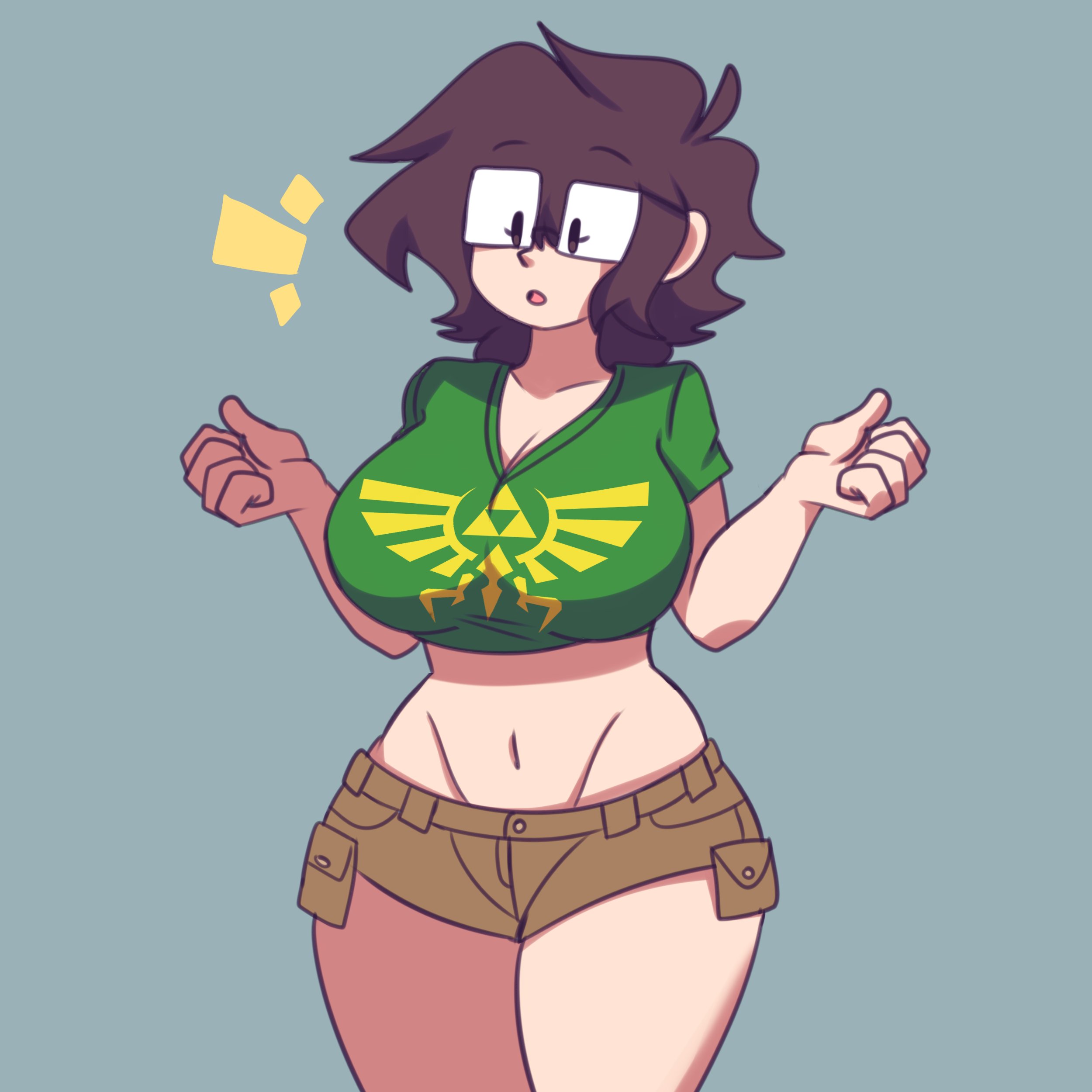 1girls, absurdres, artist request, big breasts, breasts, brown eyes, brown hair, busty, child bearing hips, cleavage, female, glasses, highres, huge breasts, looking down, midriff, navel, nerdy female, nintendo, open mouth, original, shirt, short hair, shorts, solo, thick thighs, thighs, triforce, voluptuous, wide hips