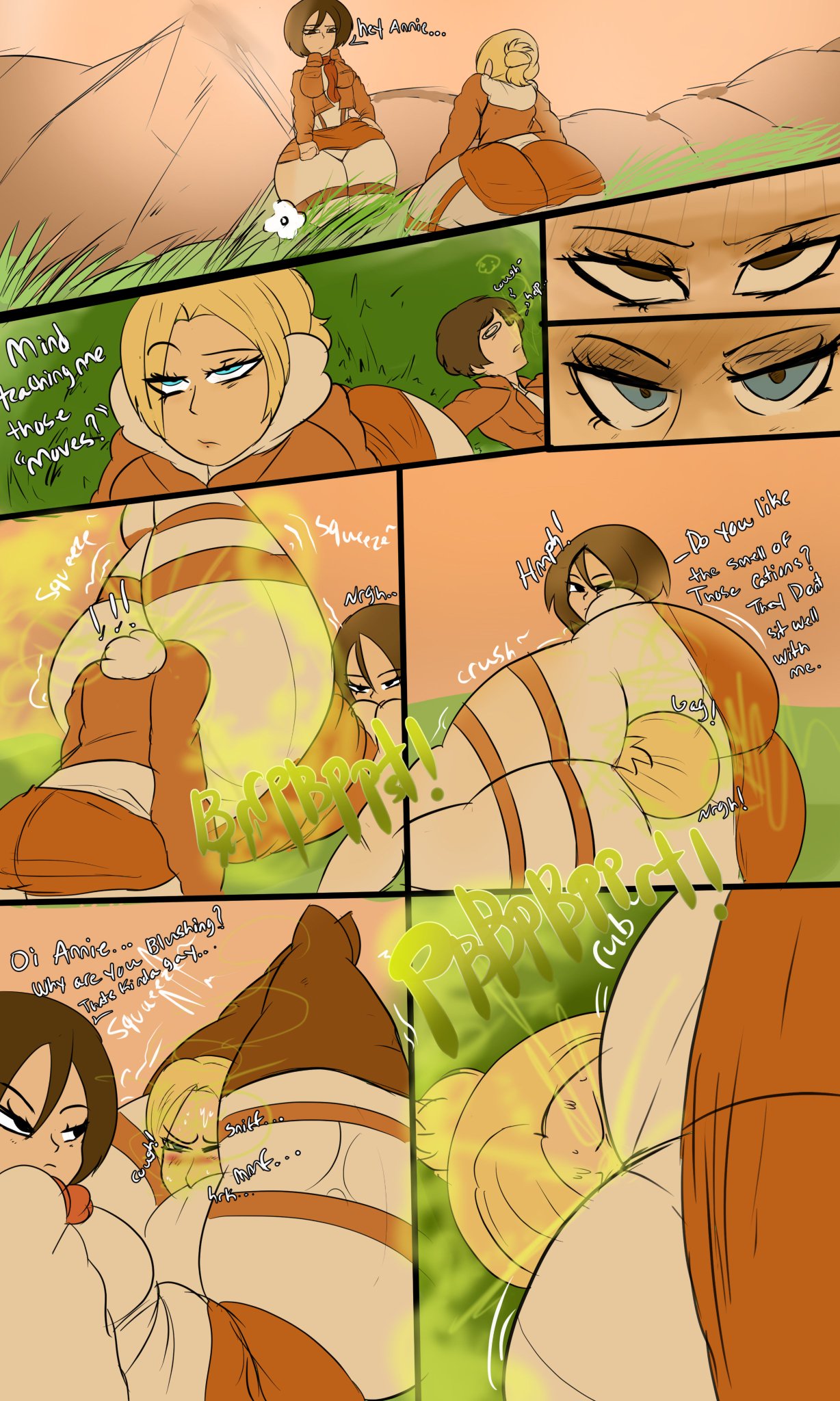 1boy, 2girls, annie leonhardt, ass, attack on titan, big ass, big breasts, big butt, breasts, catfight, comic, dialogue, dominant female, domination, eren jaeger, fart, fart cloud, fart torture, farting, farting contest, farting in face, farting on another, farting on face, fat ass, female, fighting, huge ass, huge butt, large ass, large butt, male, melissaalli, mikasa ackerman, shingeki no kyojin, suffocation, tagme, text, torture