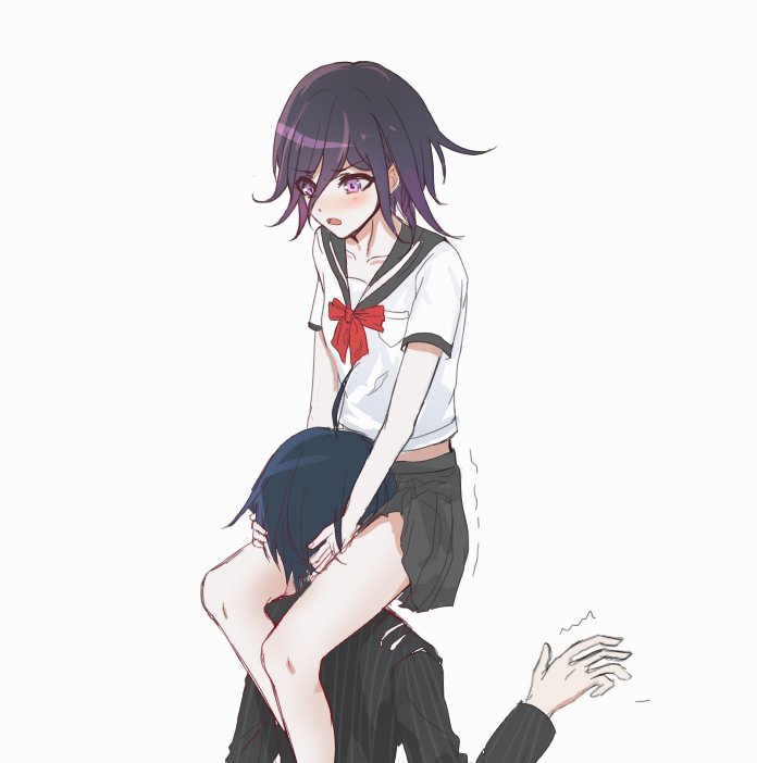 2boys, blue hair, clothed, crossdressing, danganronpa, danganronpa v3, femboy, male, male only, ouma kokichi, pale skin, purple eyes, purple hair, saihara shuuichi, school uniform, skirt, skyo110, straight hair, tagme, trap