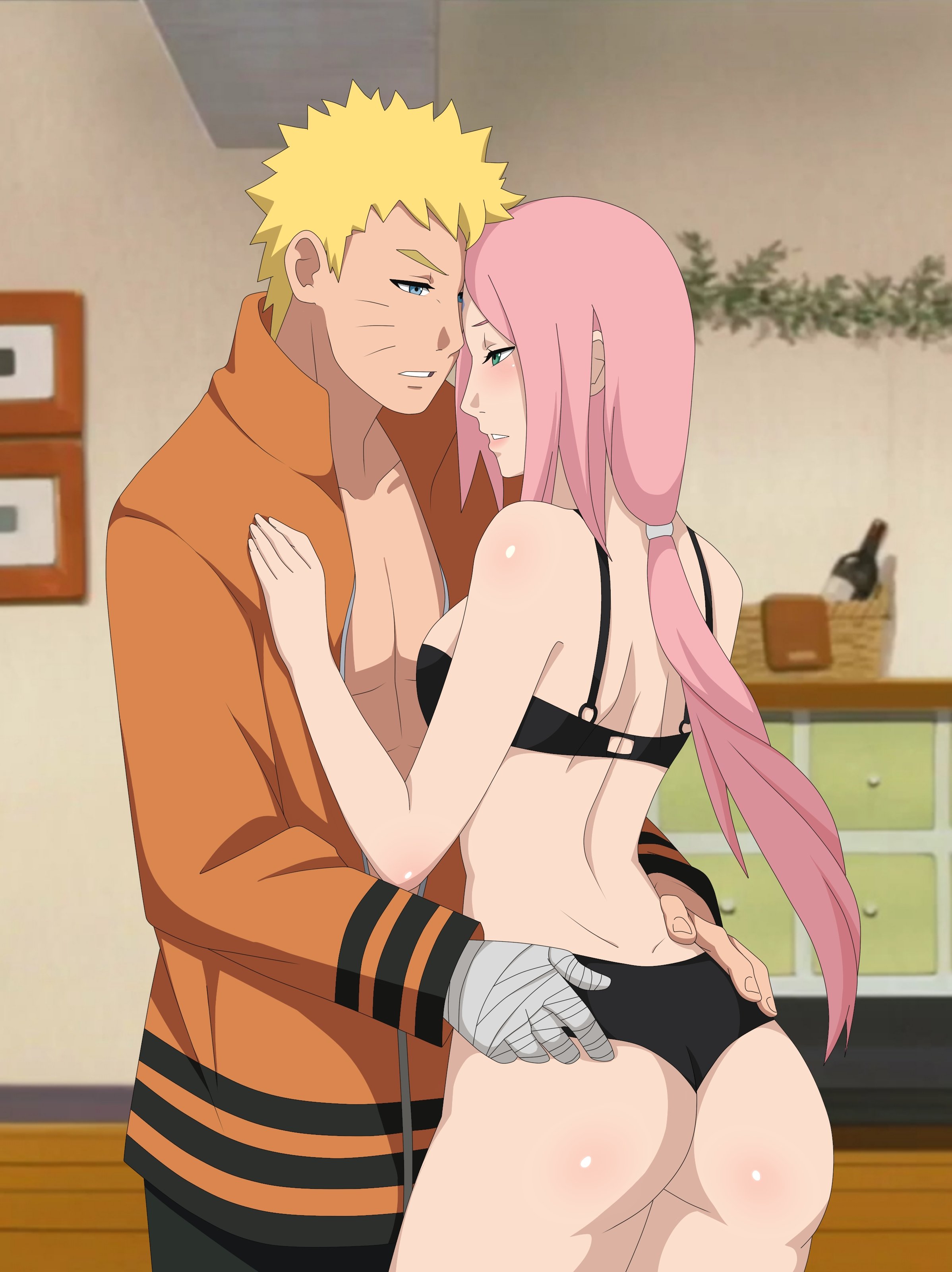 1boy, 1girls, alternate hair length, alternate hairstyle, bandaged arm, bandages, blue eyes, boruto: naruto next generations, bra, clothed male, couple, duo, female, green eyes, iharuluna (artist), jacket, lingerie, long hair, male, male/female, naruto, naruto (series), panties, pants, pink hair, ponytail, sakura haruno, short hair, straight, tied hair, underwear, undressing, uzumaki naruto, yellow hair
