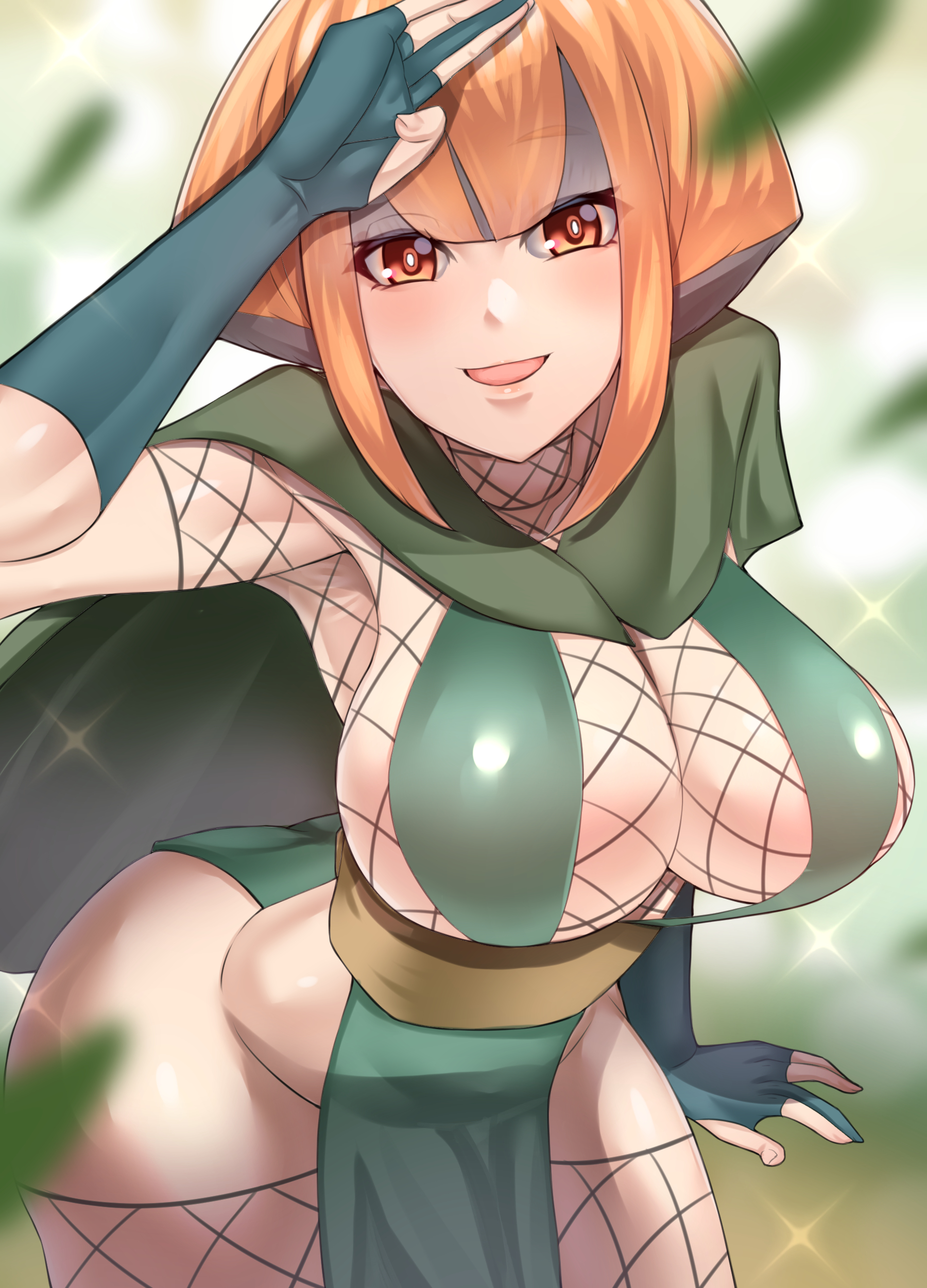 1girls, alternate breast size, big breasts, blush, breasts, eye contact, female, female focus, female only, fishnet bodysuit, gardenia (pokemon), horny, huge breasts, looking at viewer, nintendo, orange eyes, orange hair, pokemon, pokemon dppt, shirosuke115, short hair, thick thighs, wide hips