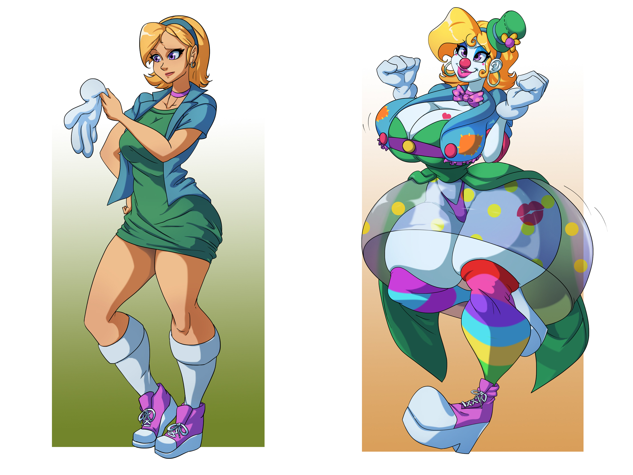 1girls, ass, ass expansion, before and after, big ass, big breasts, big thighs, bimbo, bimbofication, breast expansion, breast growth, breast growth (enlargement), breasts, clown, clown girl, clown transformation, clownification, clussy, expansion, fat ass, female, female focus, female only, growth, high heel sneakers, high heels, huge ass, huge breasts, makeup, revealing clothes, solo, spiralingstaircase, thick ass, thick thighs, transformation, wedge heels