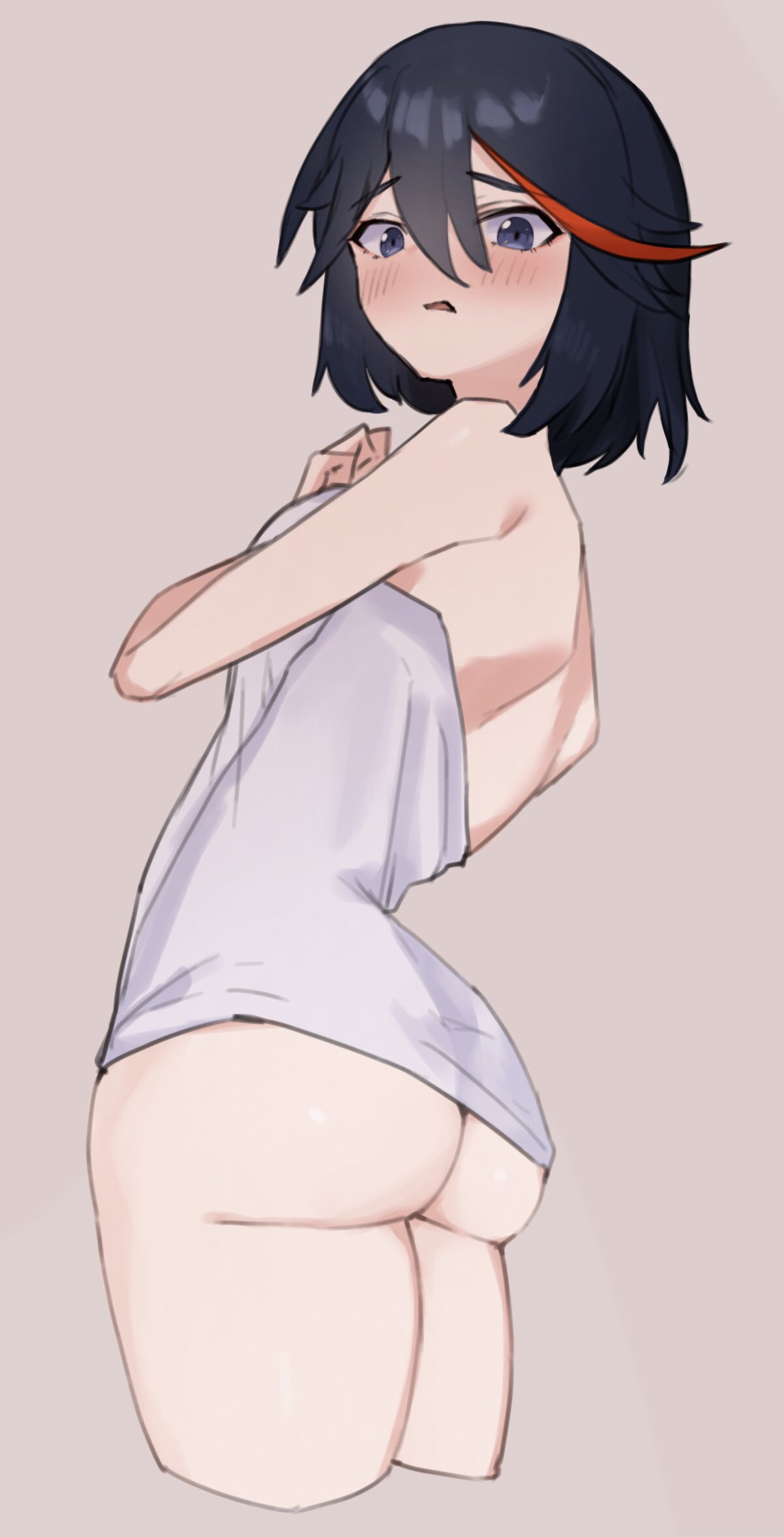 1girls, ass, big ass, big butt, black hair, black-haired female, blue eyes, blush, eye contact, female, female focus, female only, kataku musou, kill la kill, looking at viewer, matoi ryuuko, short hair, solo, standing, thick thighs, towel, towel only, twintails