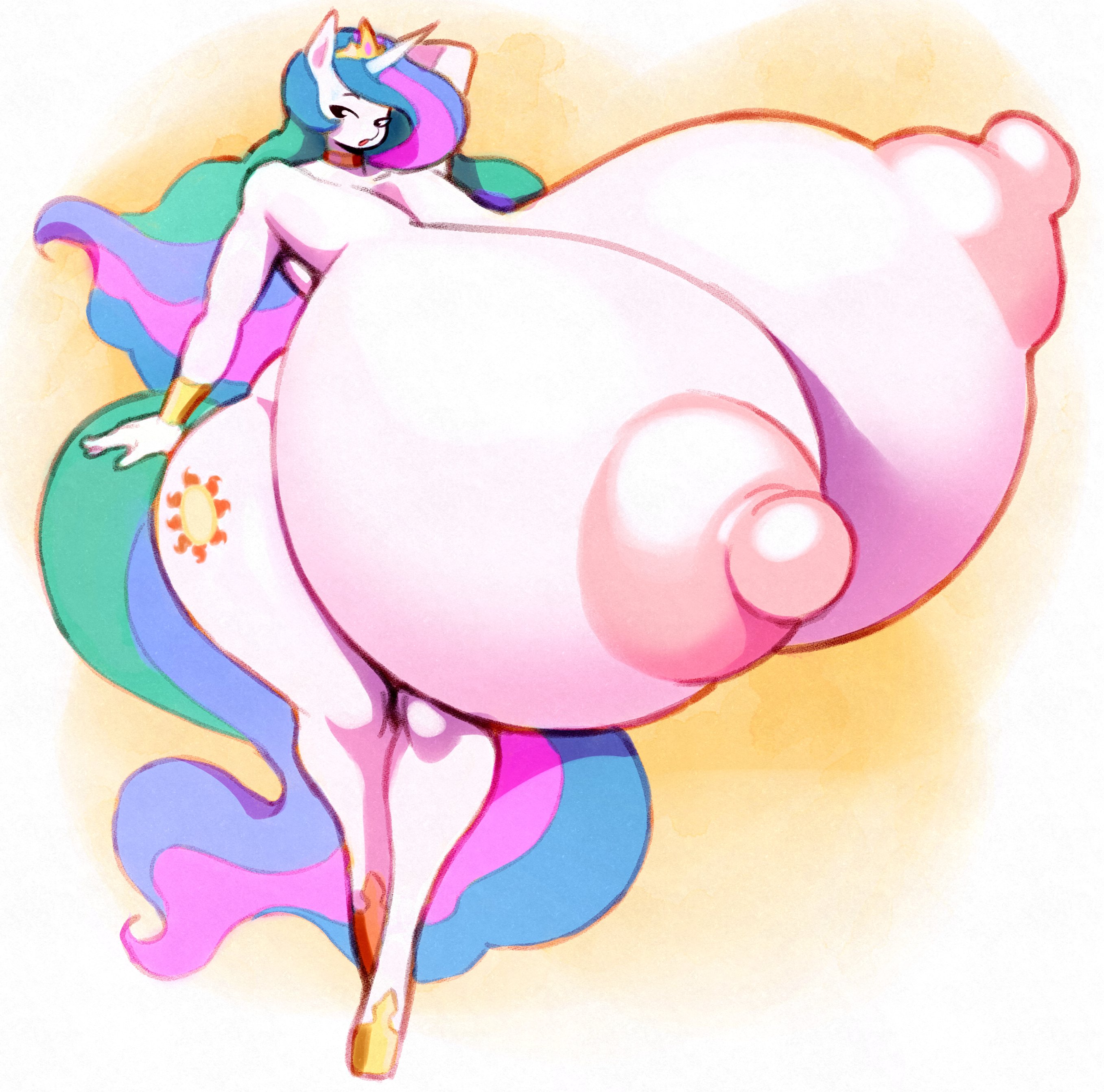 2022, absurd res, angstrom, anthro, big breasts, breasts, breasts bigger than body, breasts bigger than head, cutie mark, equid, equine, female, friendship is magic, hair, hi res, horn, horse, huge breasts, hyper, hyper areola, hyper breasts, hyper nipples, mammal, multicolored hair, multicolored tail, my little pony, nipples, nipples bigger than head, open mouth, pony, princess celestia (mlp), solo, unicorn, white body