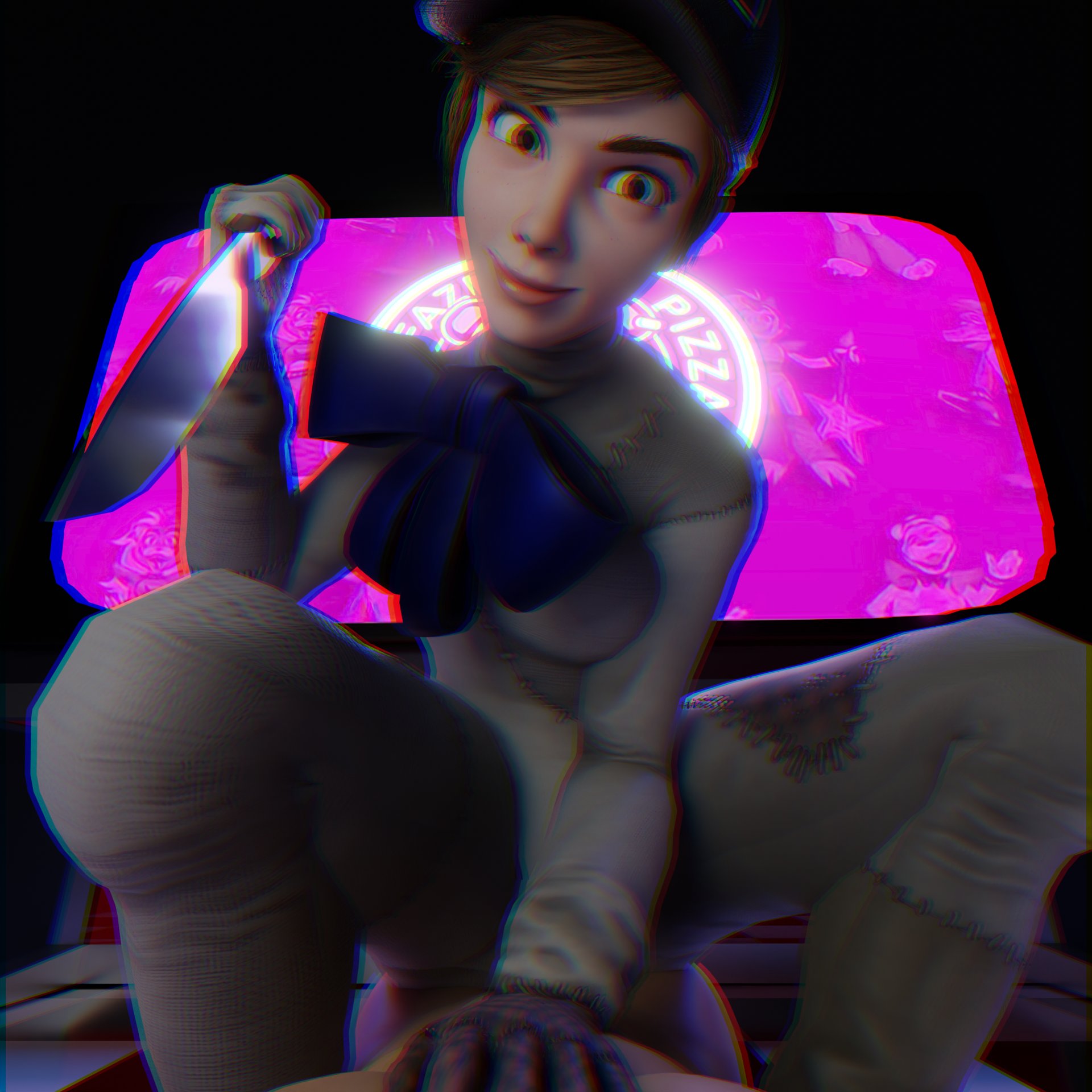 1boy, 1girls, 3d, accurate art style, cowgirl position, female, five nights at freddy's, five nights at freddy's: security breach, fnaf, g0g0g0g0g0g, knife, male, male pov, penetration, penis, penis in pussy, pov, pov eye contact, pussy, security guard, sex, smile, straight, tagme, vaginal penetration, vanessa (fnaf), vanny (fnaf)