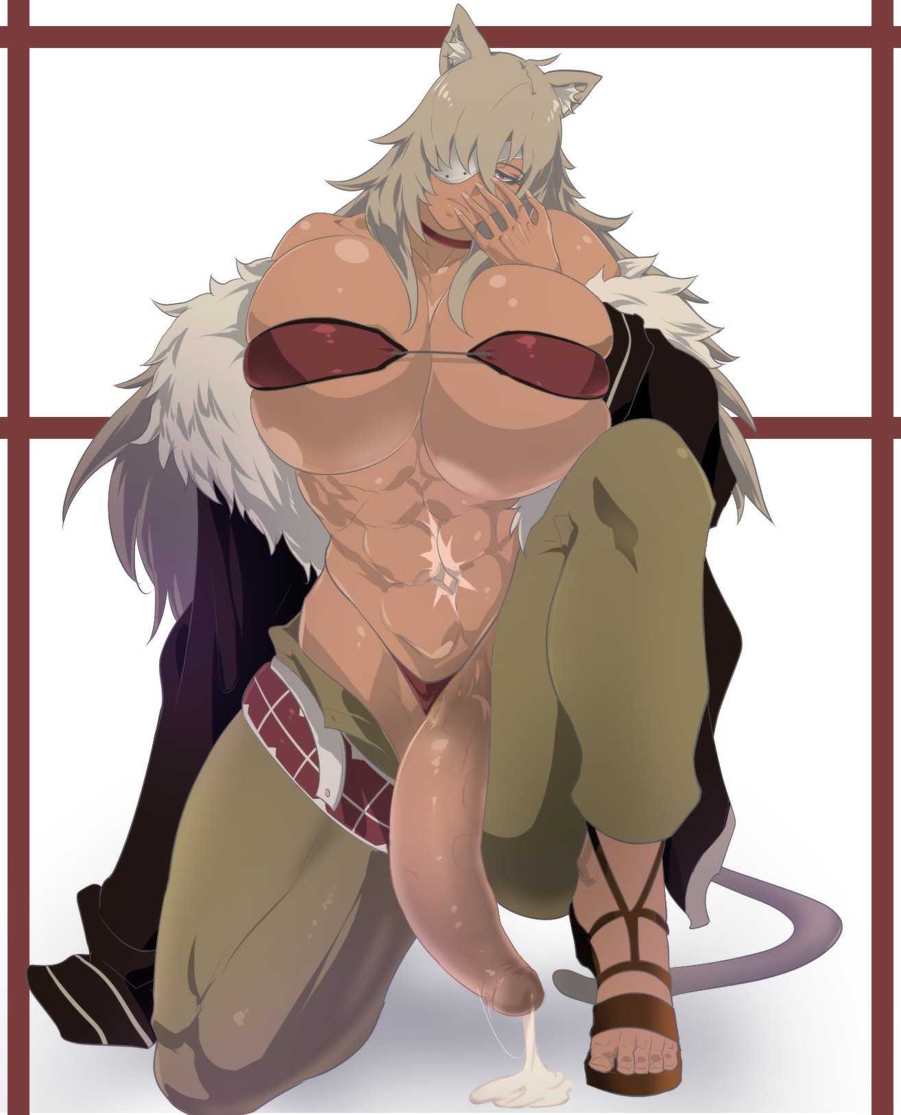 1futa abs animal_ears breasts bursting_breasts clothed clothing dark-skinned_futanari dark_skin flaccid futa_only futanari ghislaine_dedoldia gigantic_breasts huge_breasts huge_cock humanoid humanoid_penis kemonomimi muscles muscular muscular_futanari mushoku_tensei partially_clothed penis penis_out precum precum_drip solo solo_futa tail tenchizone