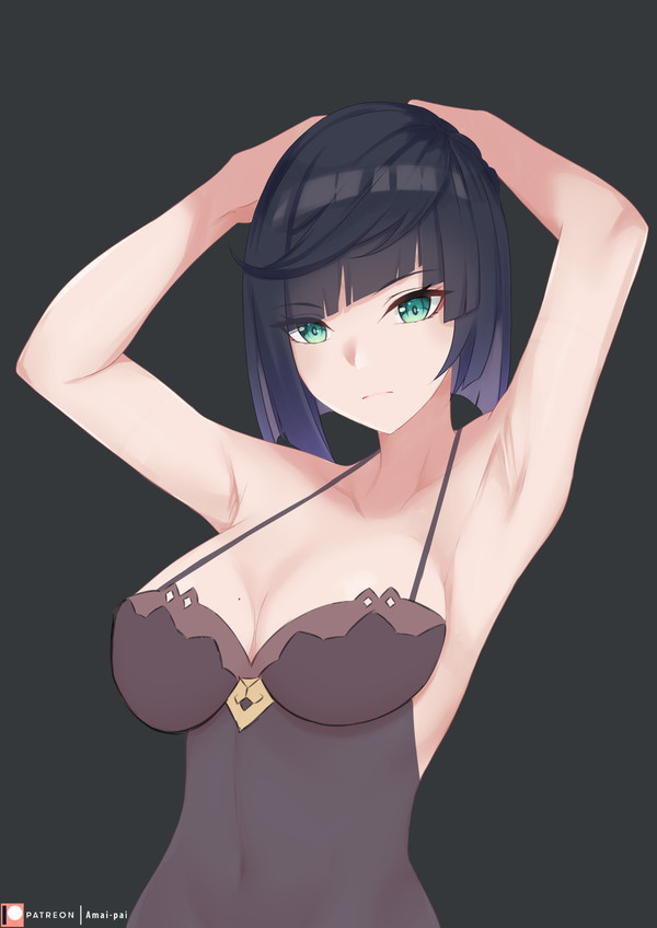1girls, amai-pai, armpit focus, armpits, bangs, blue hair, breasts, eyebrows visible through hair, female, female focus, female only, genshin impact, green eyes, medium breasts, patreon, patreon username, tagme, yelan (genshin impact)