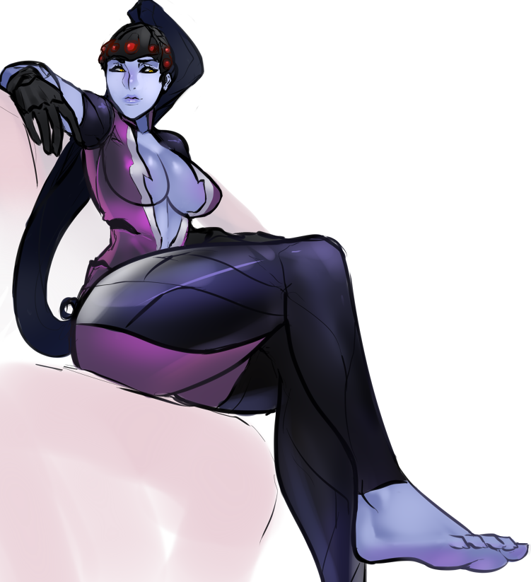 barefoot blue_hair breasts cleavage colored_skin feet female large_breasts long_hair overwatch ponytail purple_skin scas scathegrapes sitting soles toes widowmaker yellow_eyes