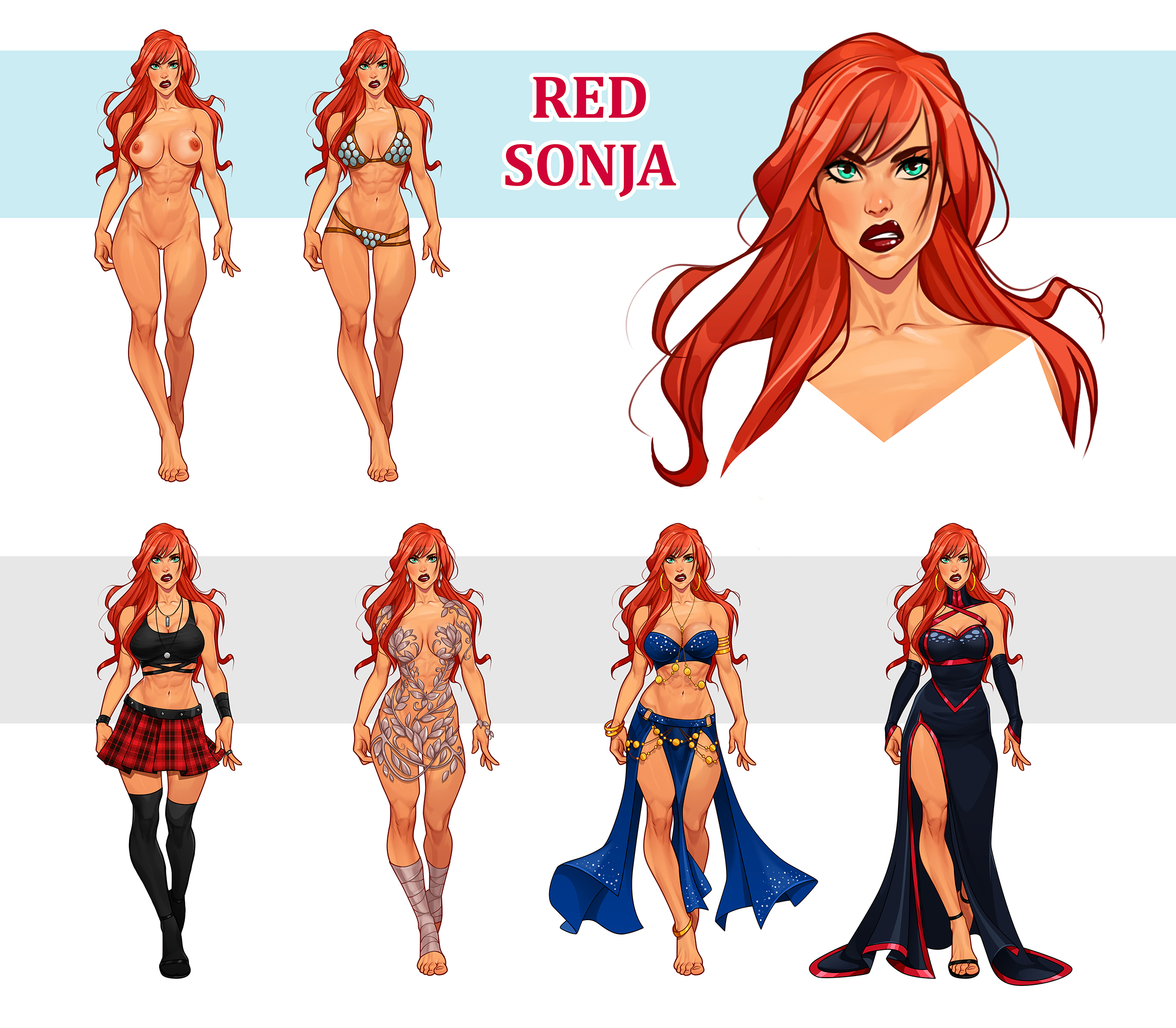 1girls, abs, areolae, belly dancer, belly dancer outfit, bikini armor, breasts, brown eyes, casual, cleavage, completely nude, dress, female, female only, fit, fit female, green eyes, harem girl, harem outfit, high heel boots, high heels, human, large breasts, long gloves, looking at viewer, marvel, marvel comics, minko, multiple views, necklace, nipples, nude, nude female, open toe shoes, plaid skirt, pussy, red hair, red sonja, red sonja (comics), revealing clothes, see-through clothing, skirt, tubetop, underwear