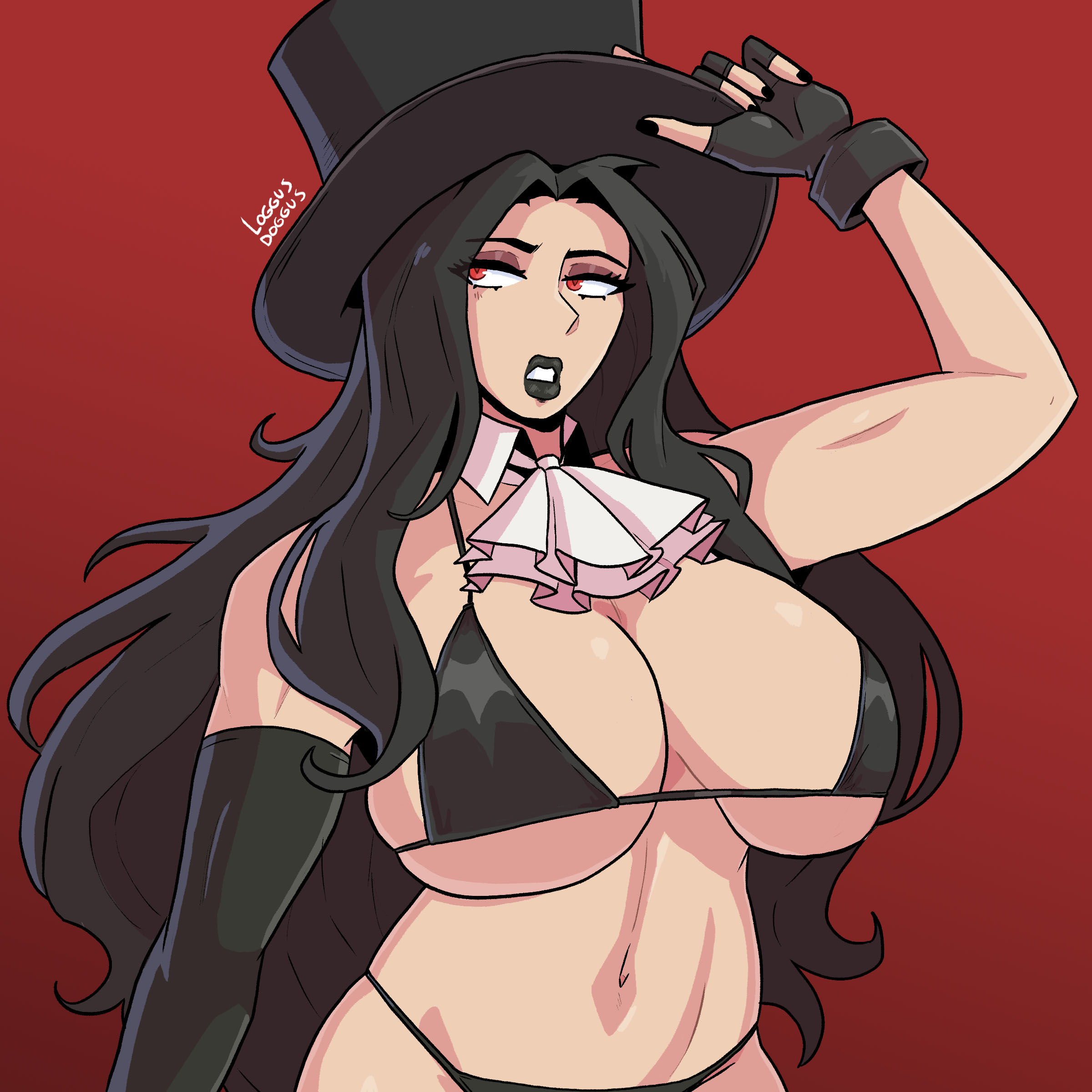1girls, 2022, absurd res, arc system works, bikini, black hair, black lipstick, breasts, female, female only, fingerless gloves, genderswap, gloves, guilty gear, guilty gear strive, hi res, highres, large breasts, lipstick, loggus doggus, long hair, makeup, micro bikini, midriff, rule 63, testament (guilty gear), thick lips, toned, top hat