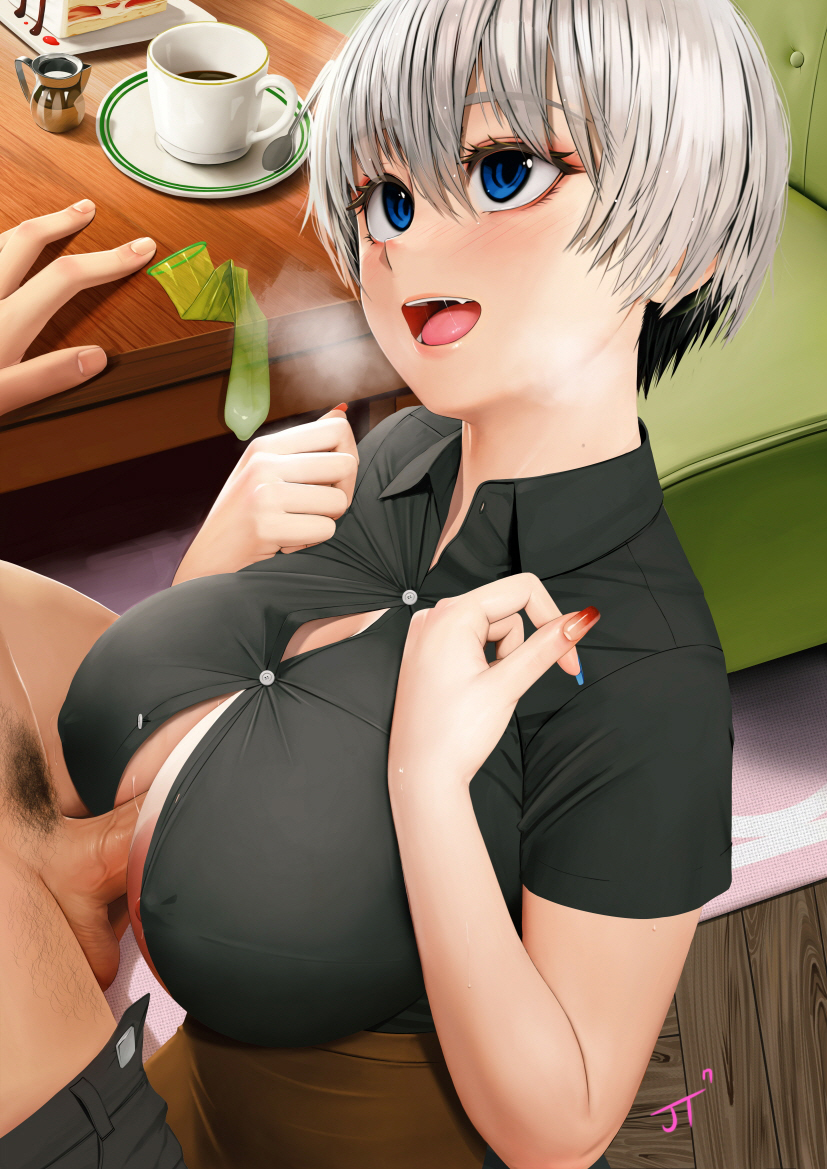 1boy, 1girls, 2022, big eyes, blue eyes, breasts, clothed female, clothed paizuri, female, grey hair, huge breasts, huge cock, indoors, kneeling, looking up, male, paizuri, penis, rak (kuraga), short hair, uncensored, used condom, uzaki hana, uzaki-chan wa asobitai!