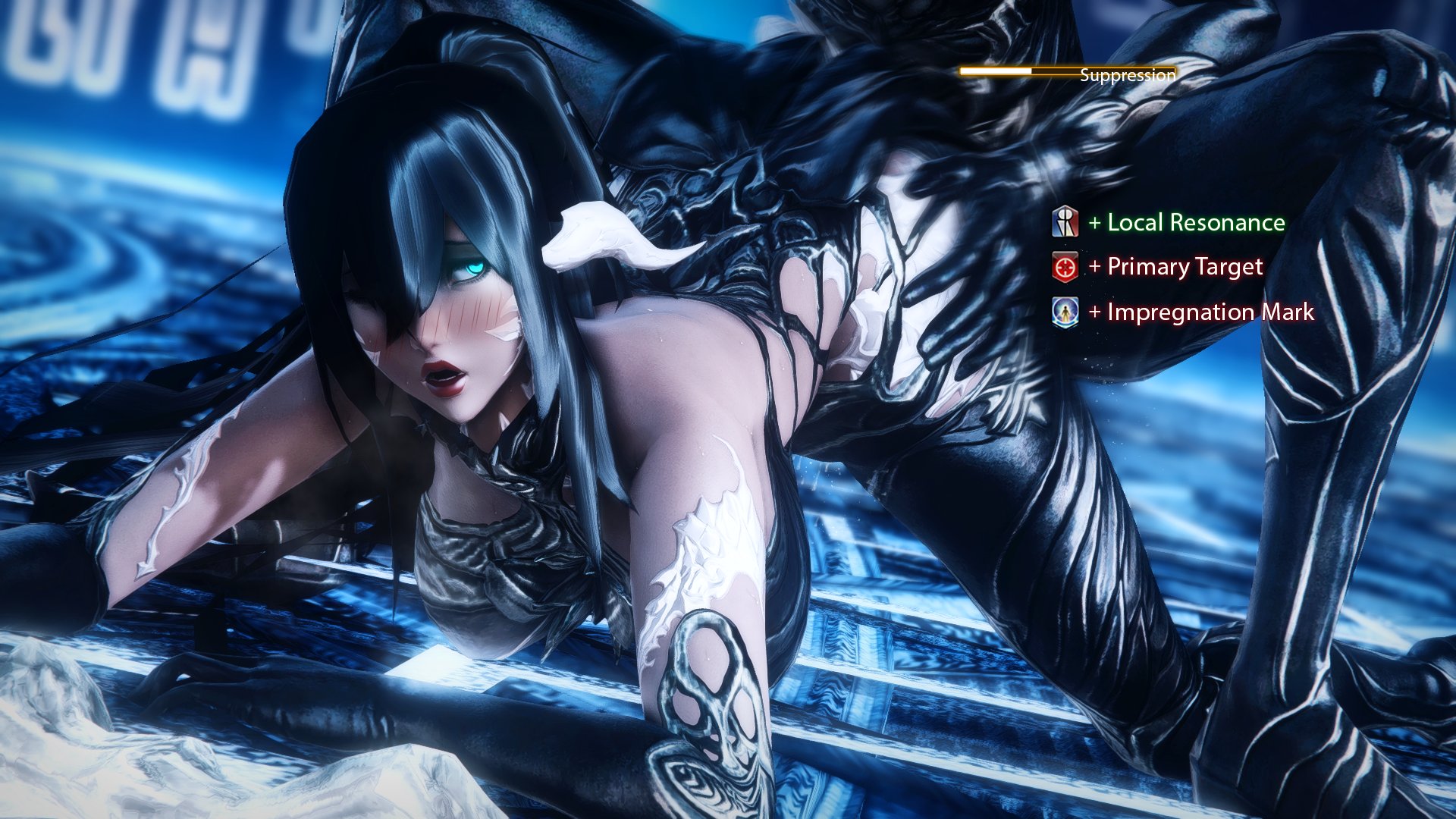 1girls, au ra, black hair, blue eyes, clothed sex, doggy style, dubious consent, english text, enjoying, female, final fantasy, final fantasy xiv, flushed, from behind, gameplay mechanics, glowing eyes, gpose (ffxiv), horns, implied sex, implied vaginal, light skin, light-skinned female, midnightryoko, midnightryokoff, omega (final fantasy), omega-m, on ground, pale skin, pale-skinned female, petite, pinned down, ponytail, pussy, raen, sex, status effect, tagme, tail, text, vaginal penetration