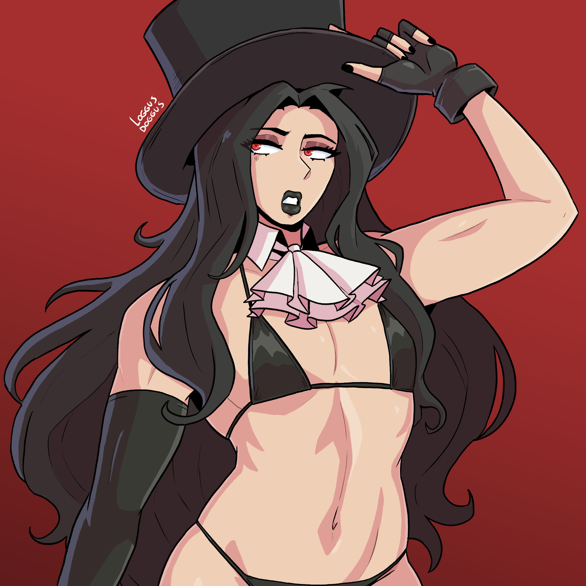 1femboy, ambiguous gender, androgynous, bikini, black hair, black lipstick, feminine male, fingerless gloves, girly, gloves, guilty gear, guilty gear strive, lipstick, loggus doggus, long hair, makeup, male, micro bikini, midriff, otoko no ko, swimsuit, testament (guilty gear), thick lips, toned, top hat, trap